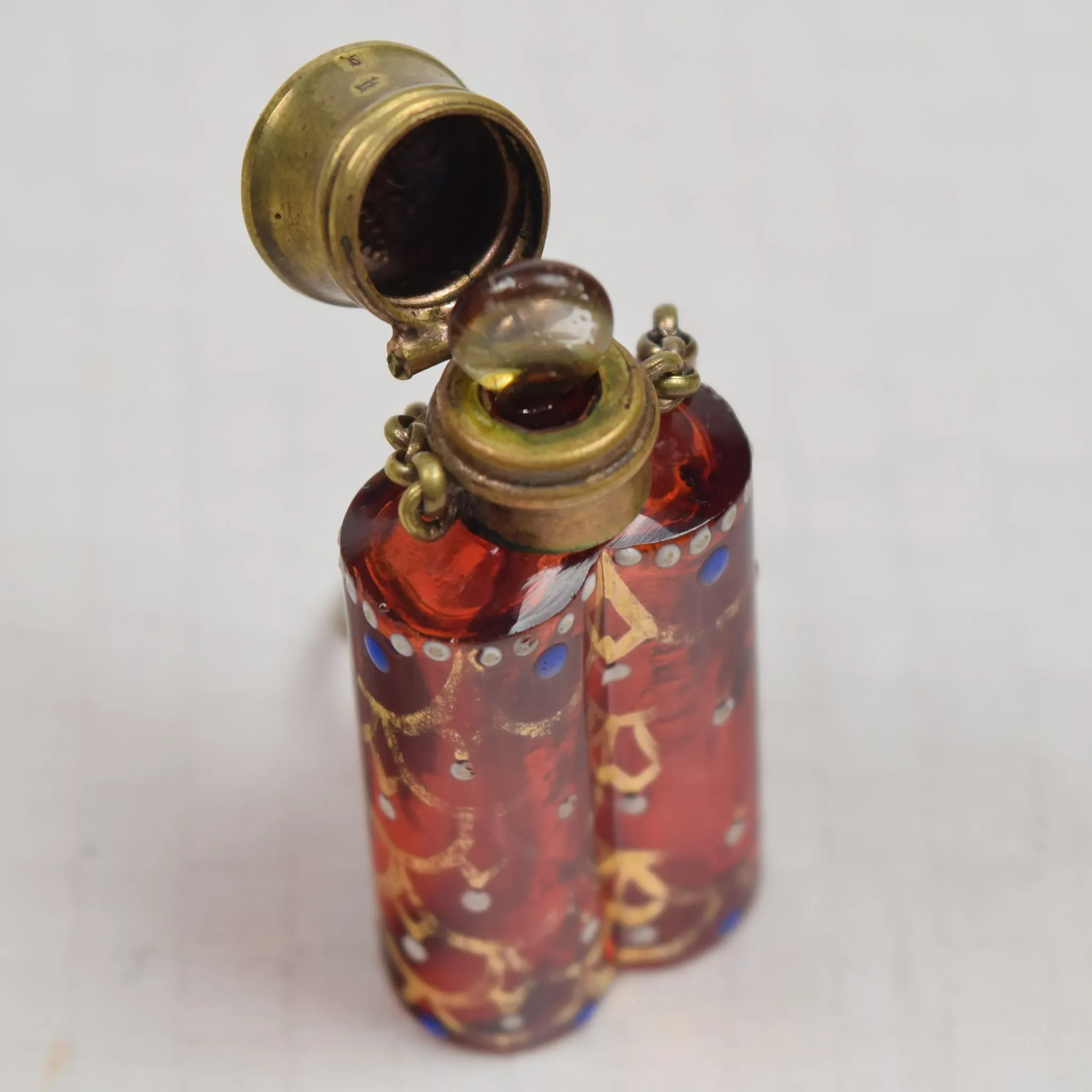 Antique Cranberry Glass Scent / Perfume Bottle Chatelaine - View 7