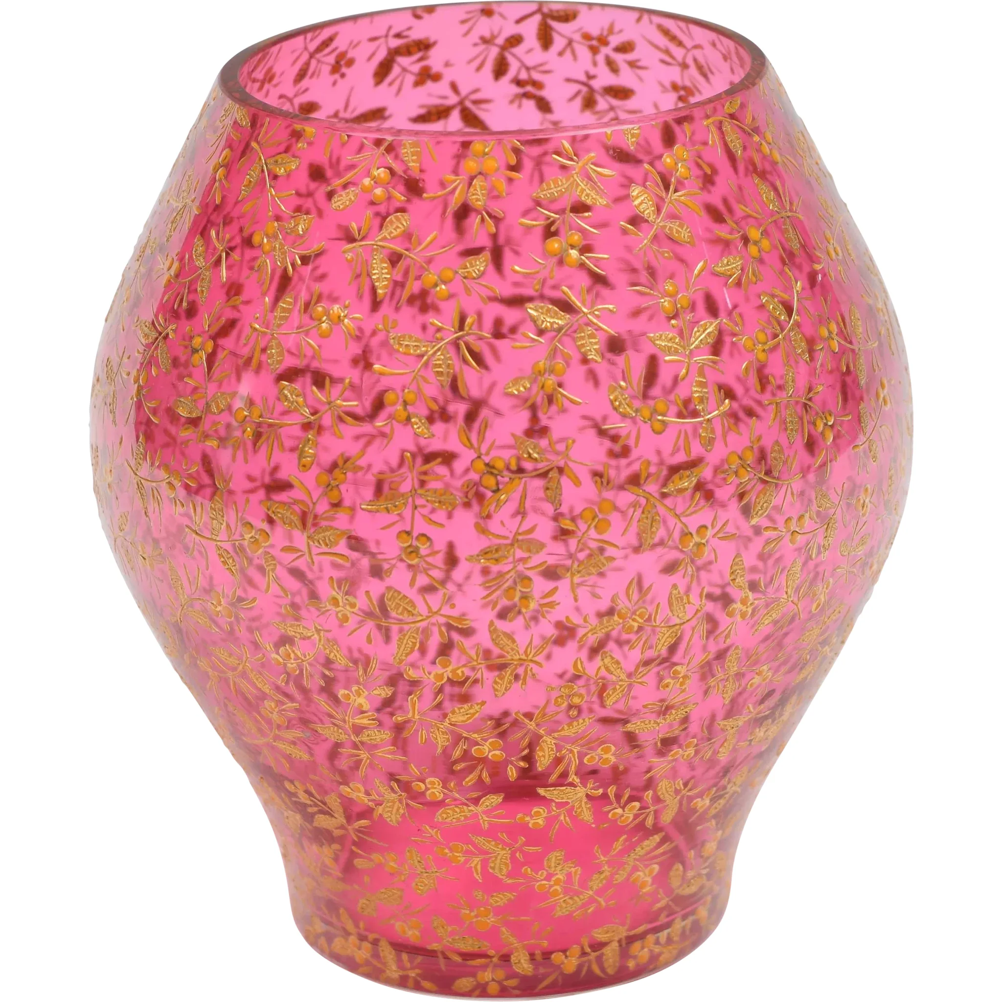 Antique Moser Art Glass Cranberry Vase Gilded Leaves Berries