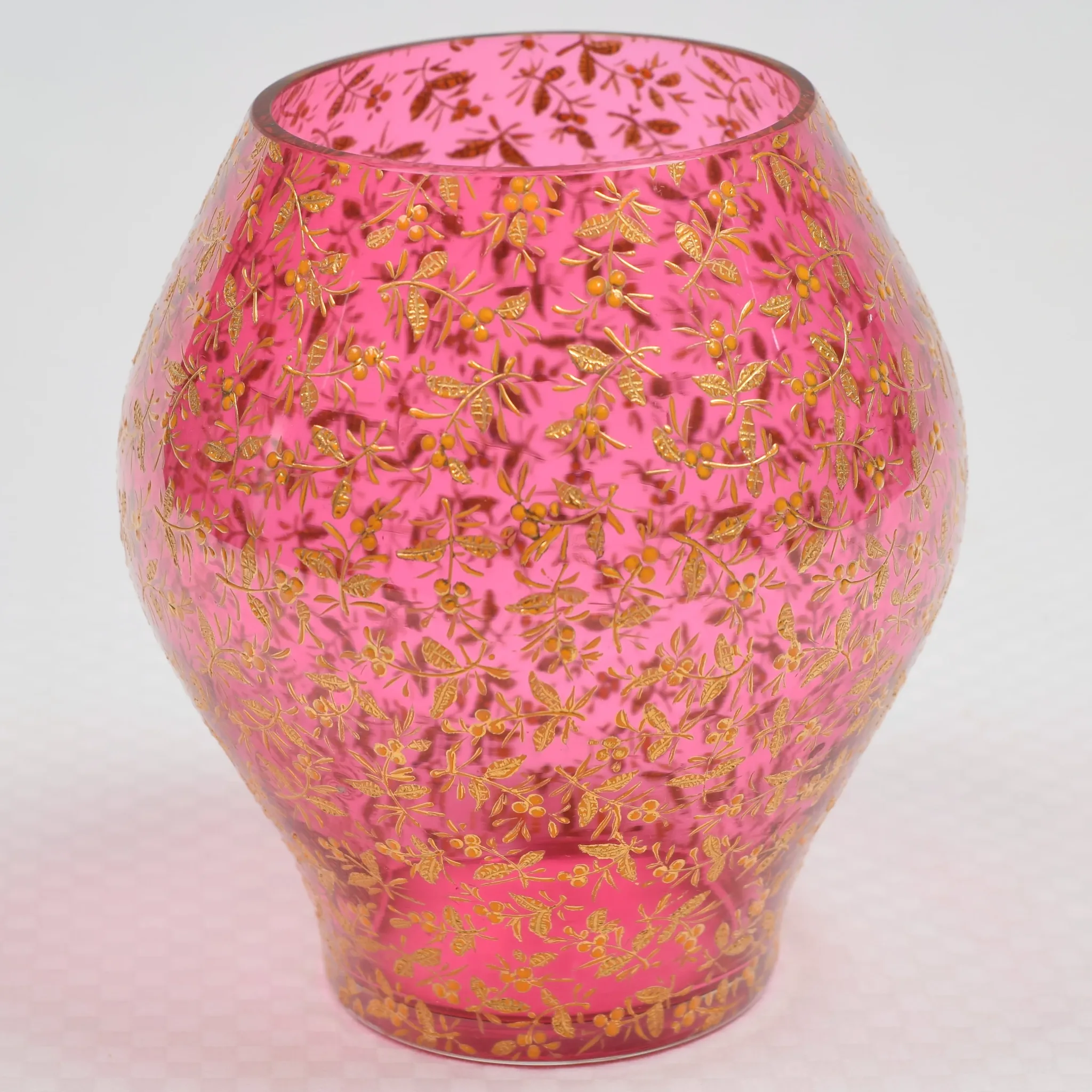 Antique Moser Art Glass Cranberry Vase Gilded Leaves Berries - View 2