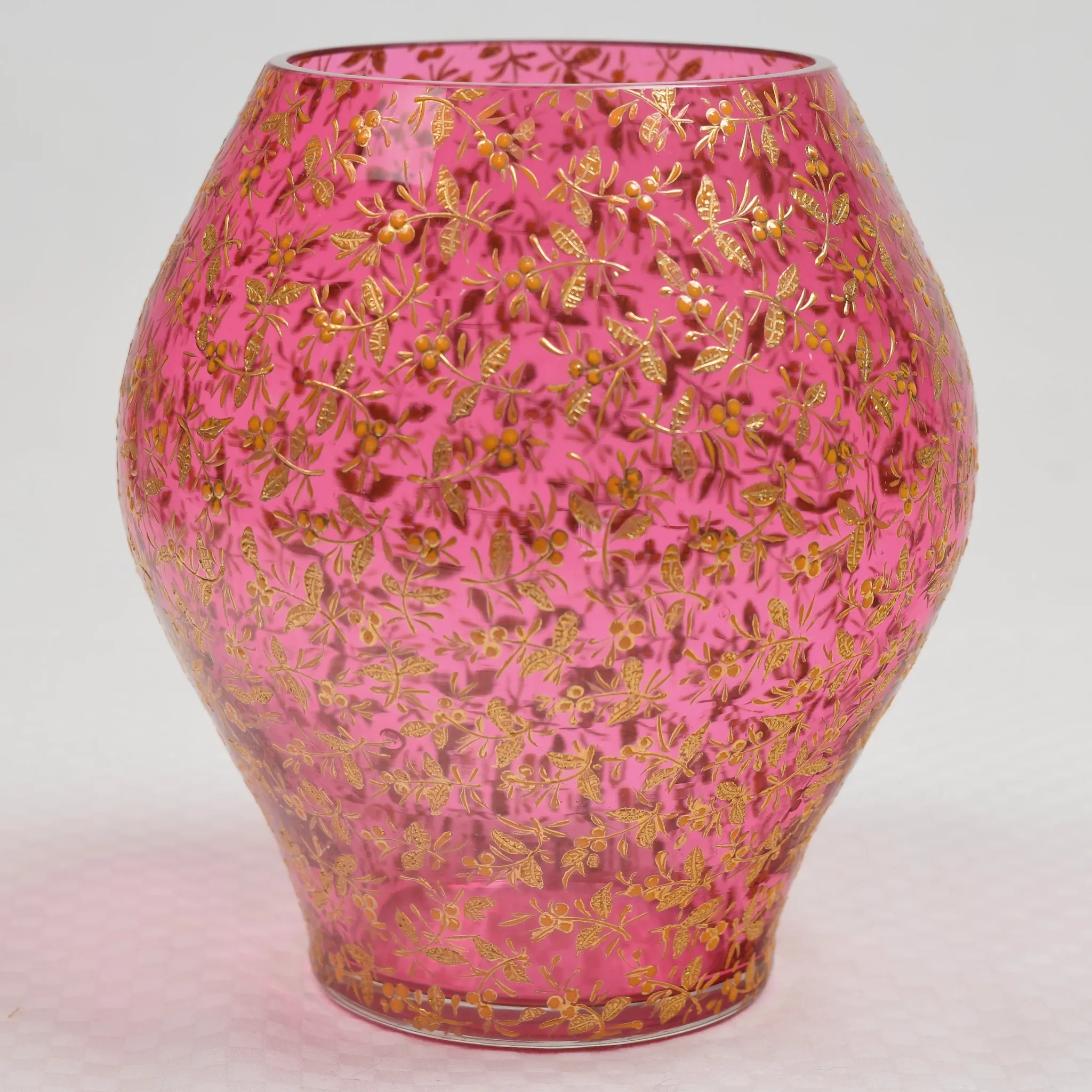 Antique Moser Art Glass Cranberry Vase Gilded Leaves Berries - View 3