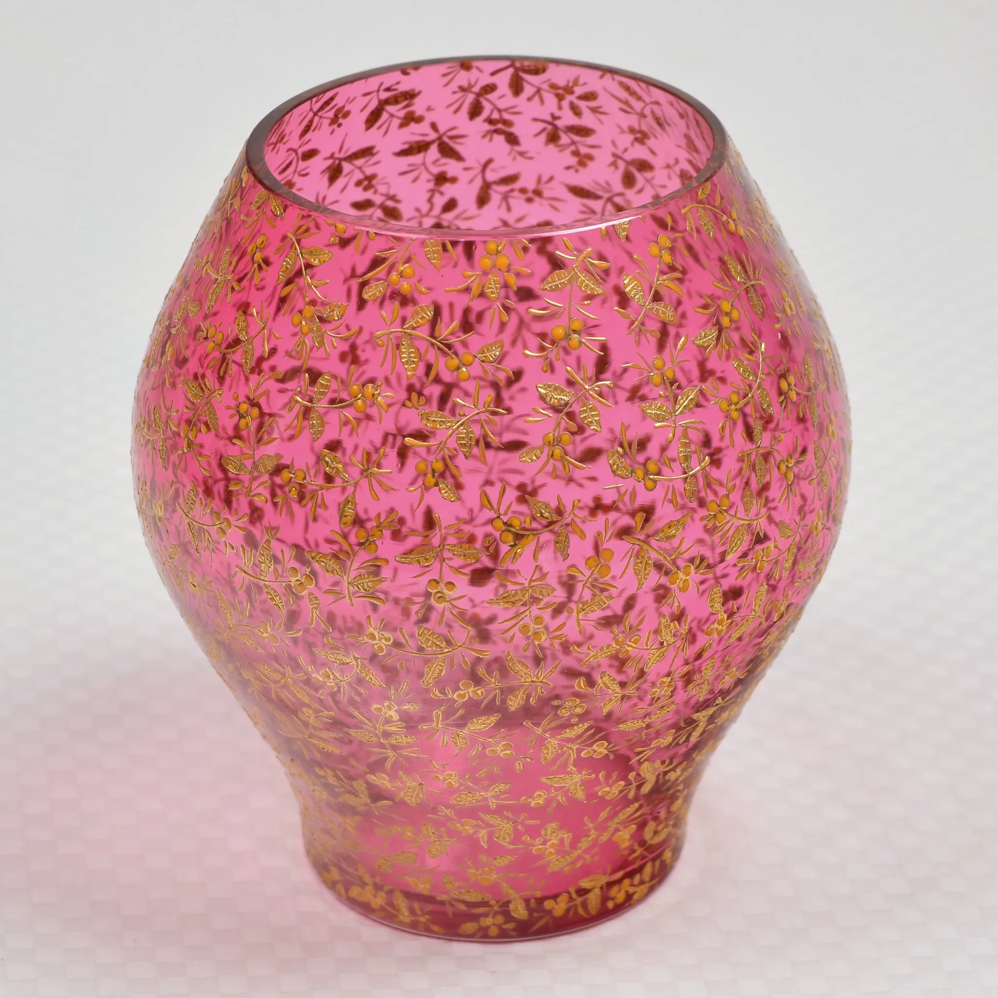 Antique Moser Art Glass Cranberry Vase Gilded Leaves Berries - View 4