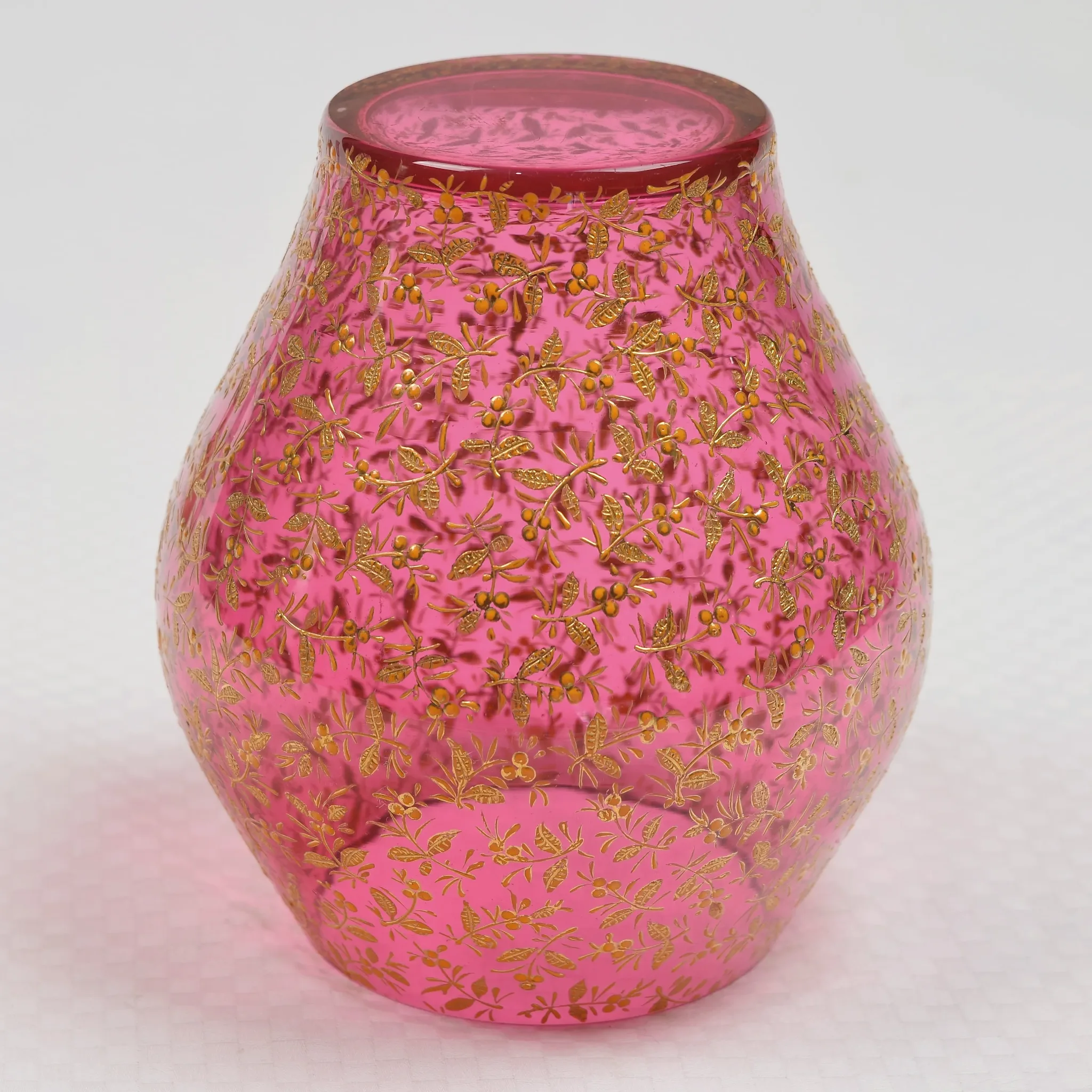 Antique Moser Art Glass Cranberry Vase Gilded Leaves Berries - View 5