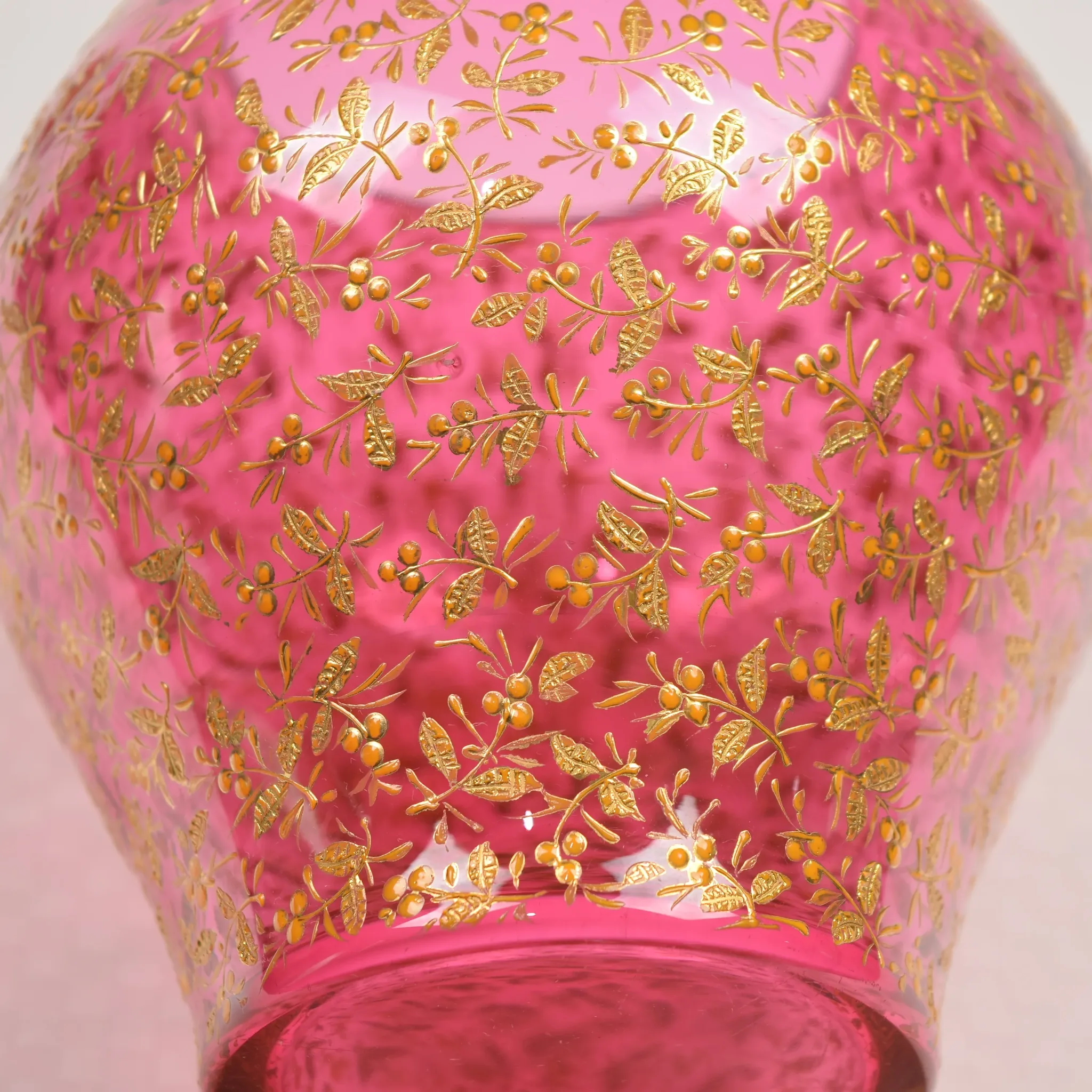 Antique Moser Art Glass Cranberry Vase Gilded Leaves Berries - View 7