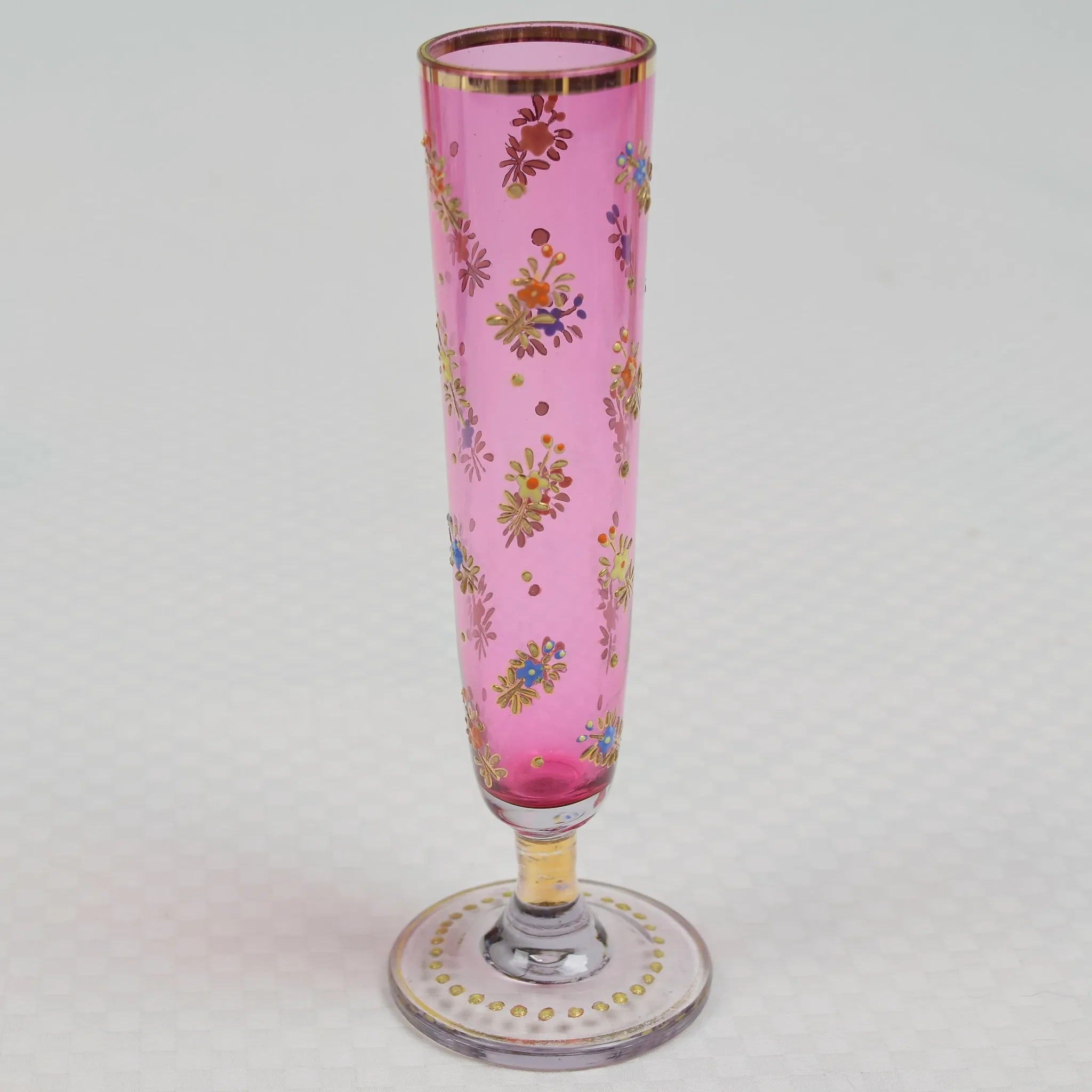 Moser Bud Vase - Cranberry Glass - Enameled Flowers - Gilded - View 2