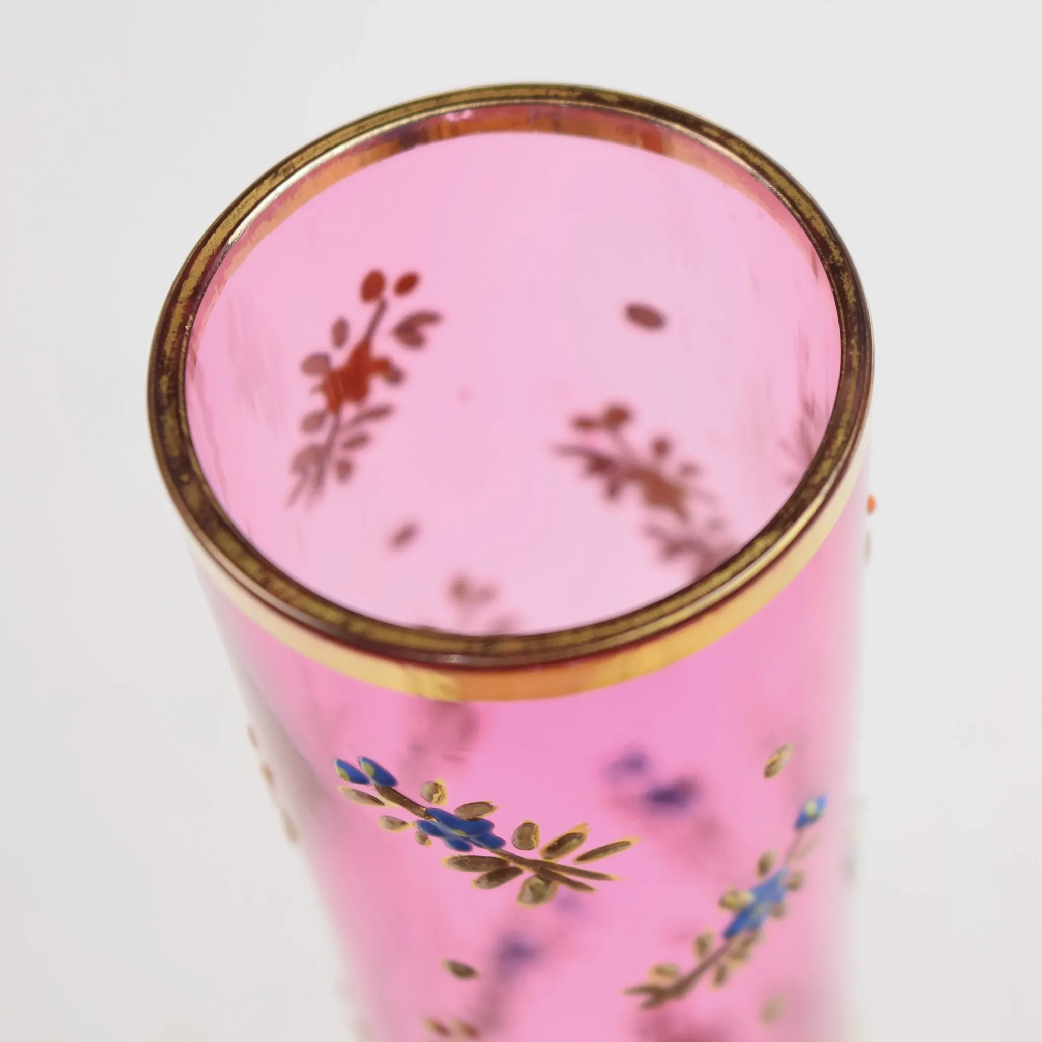 Moser Bud Vase - Cranberry Glass - Enameled Flowers - Gilded - View 4