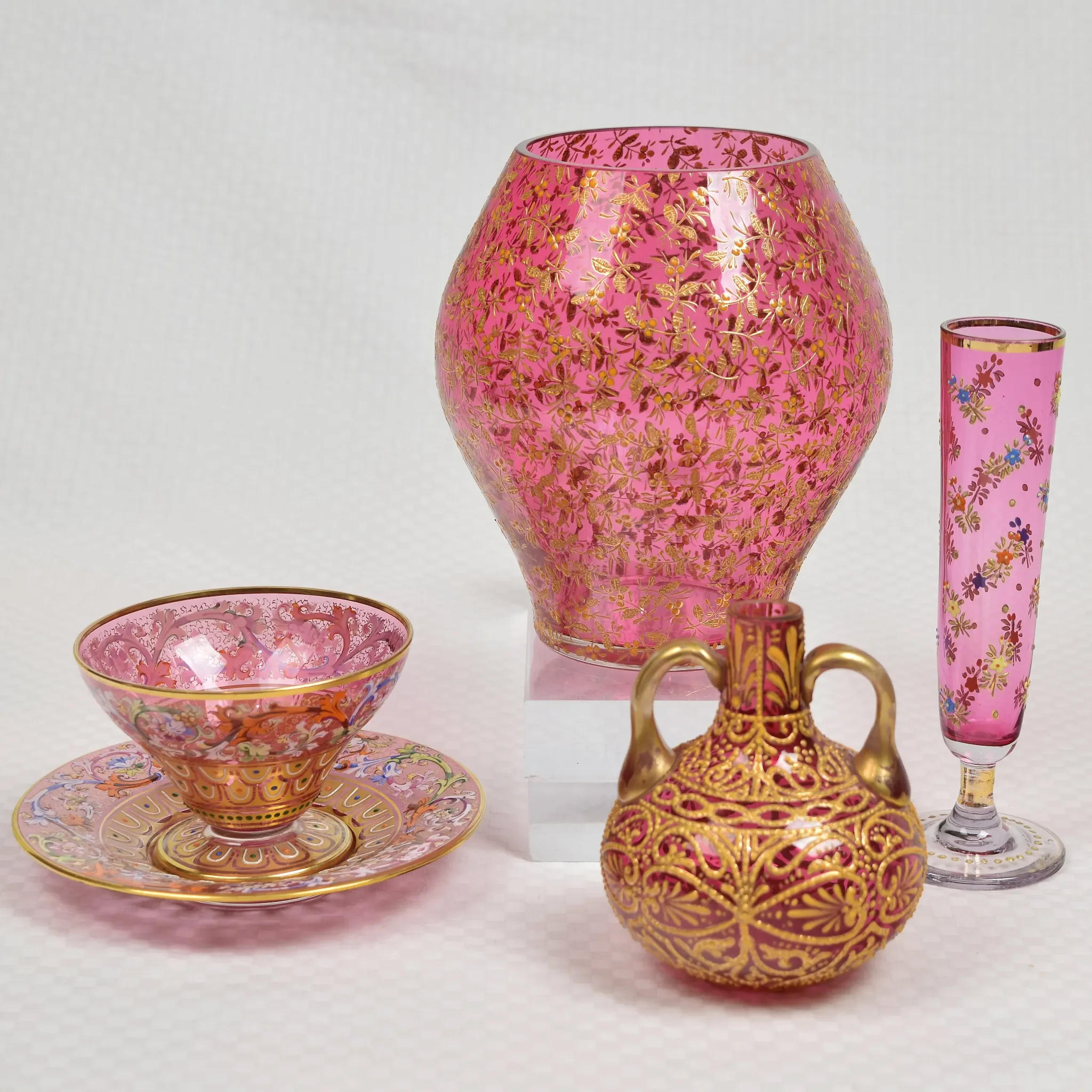 Moser Bud Vase - Cranberry Glass - Enameled Flowers - Gilded - View 7