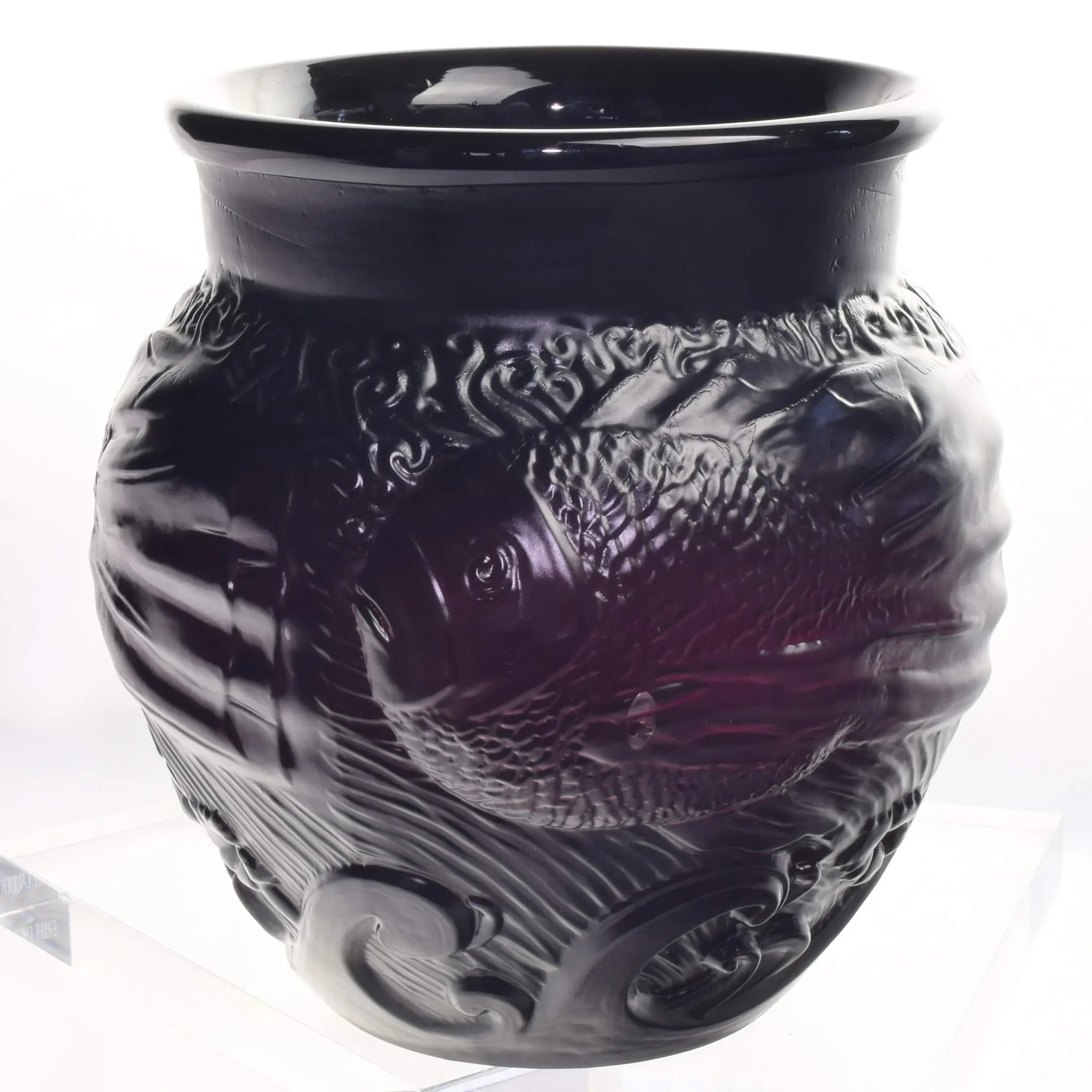 Ovington New York Art Glass Vase Acid Cutback Fish & Waves - View 5
