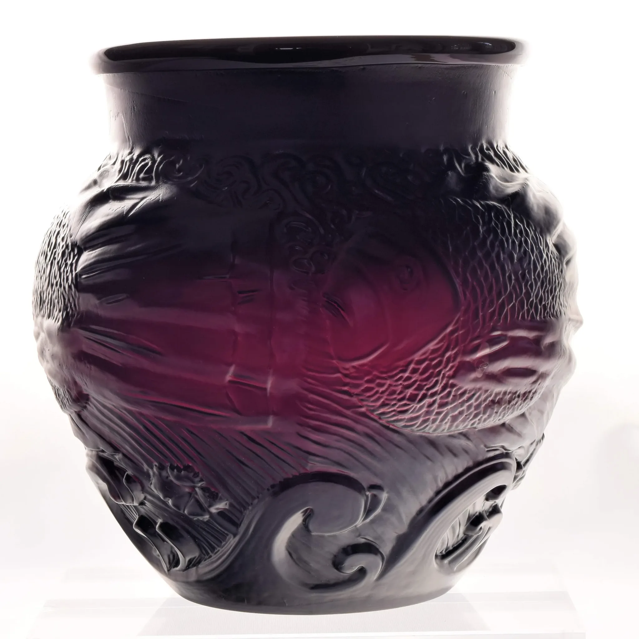 Ovington New York Art Glass Vase Acid Cutback Fish & Waves - View 7