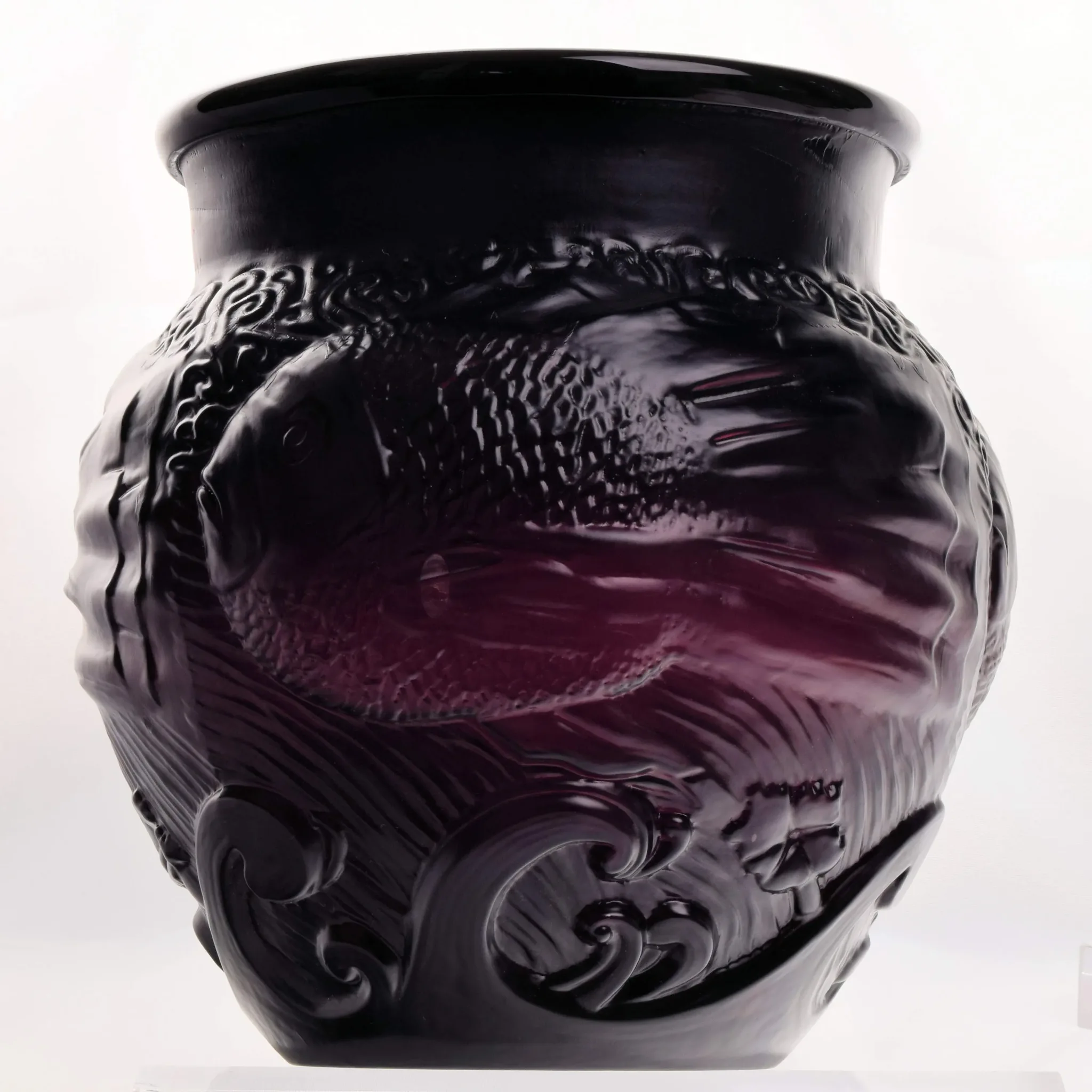 Ovington New York Art Glass Vase Acid Cutback Fish & Waves - View 8