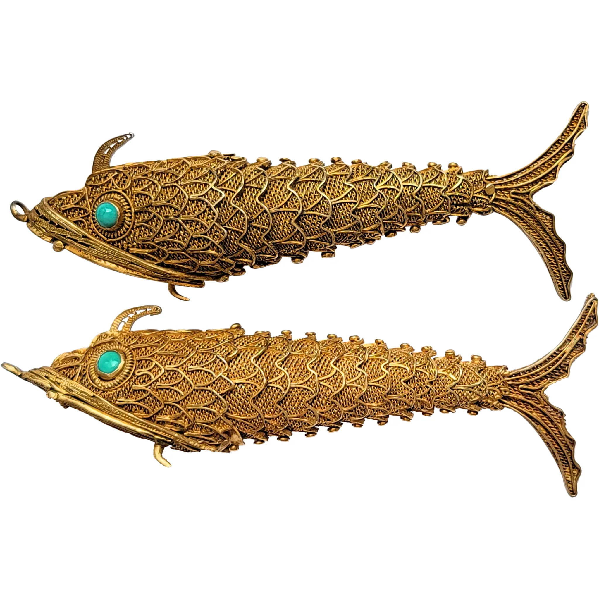 Pair of Sterling Silver Vermeil Chinese Export Fish Pomander Pendants