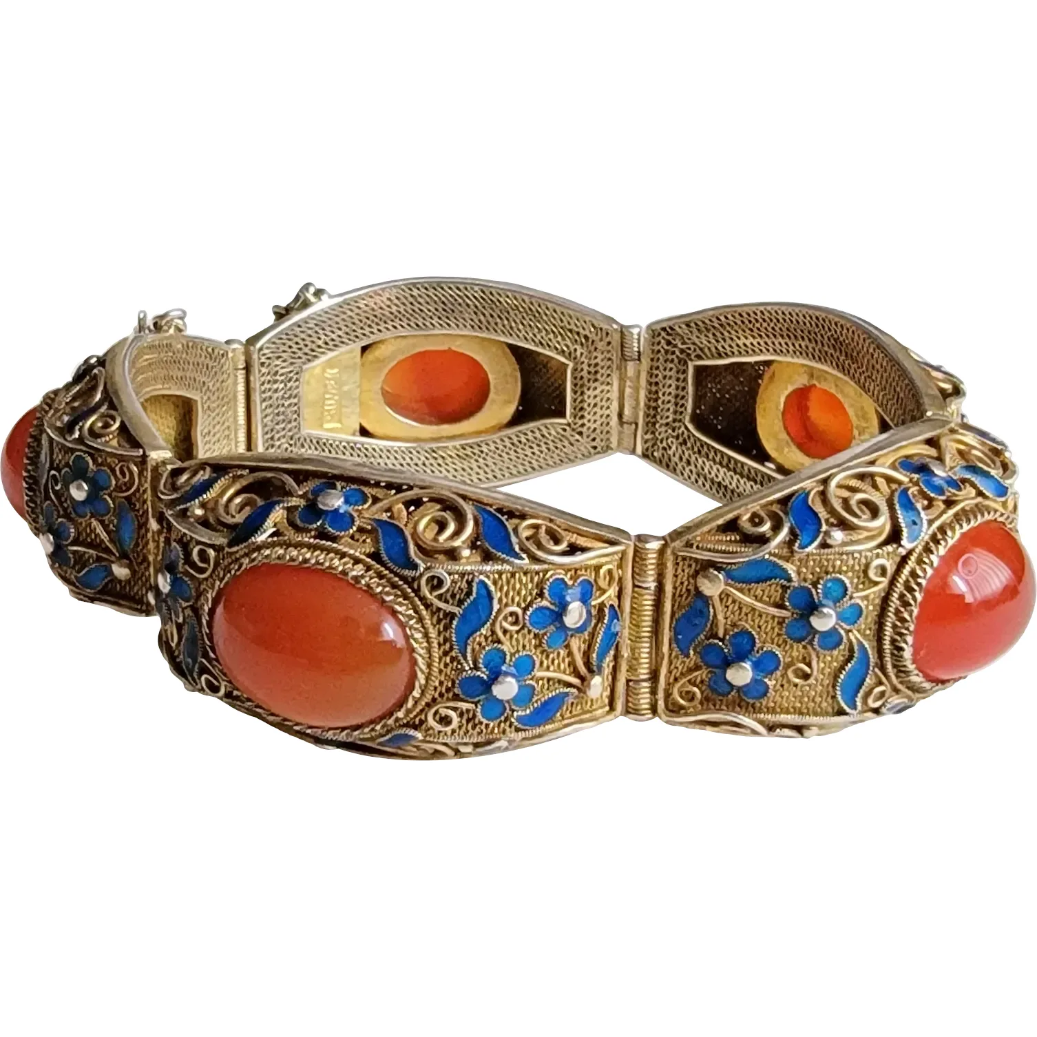 Vintage Enameled Chinese Export Sterling Silver Vermeil Carnelian Bracelet