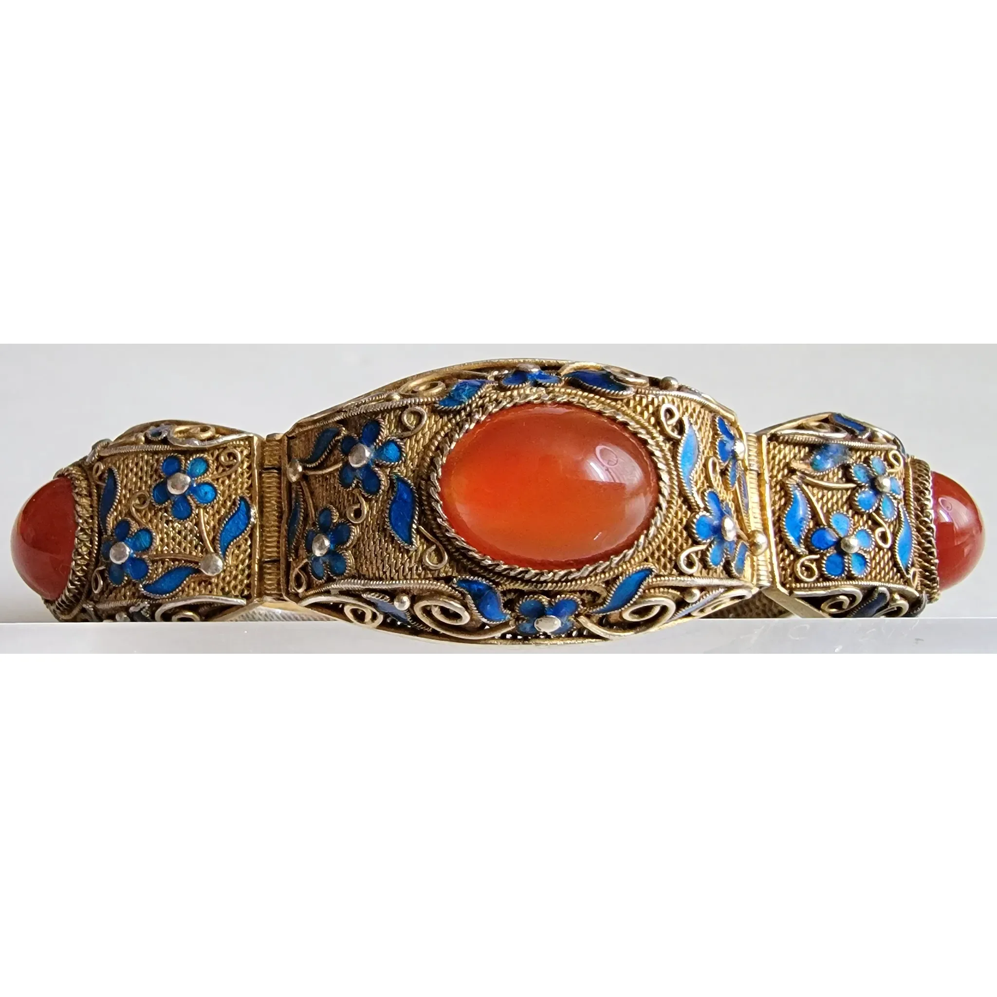 Vintage Enameled Chinese Export Sterling Silver Vermeil Carnelian Bracelet - View 2