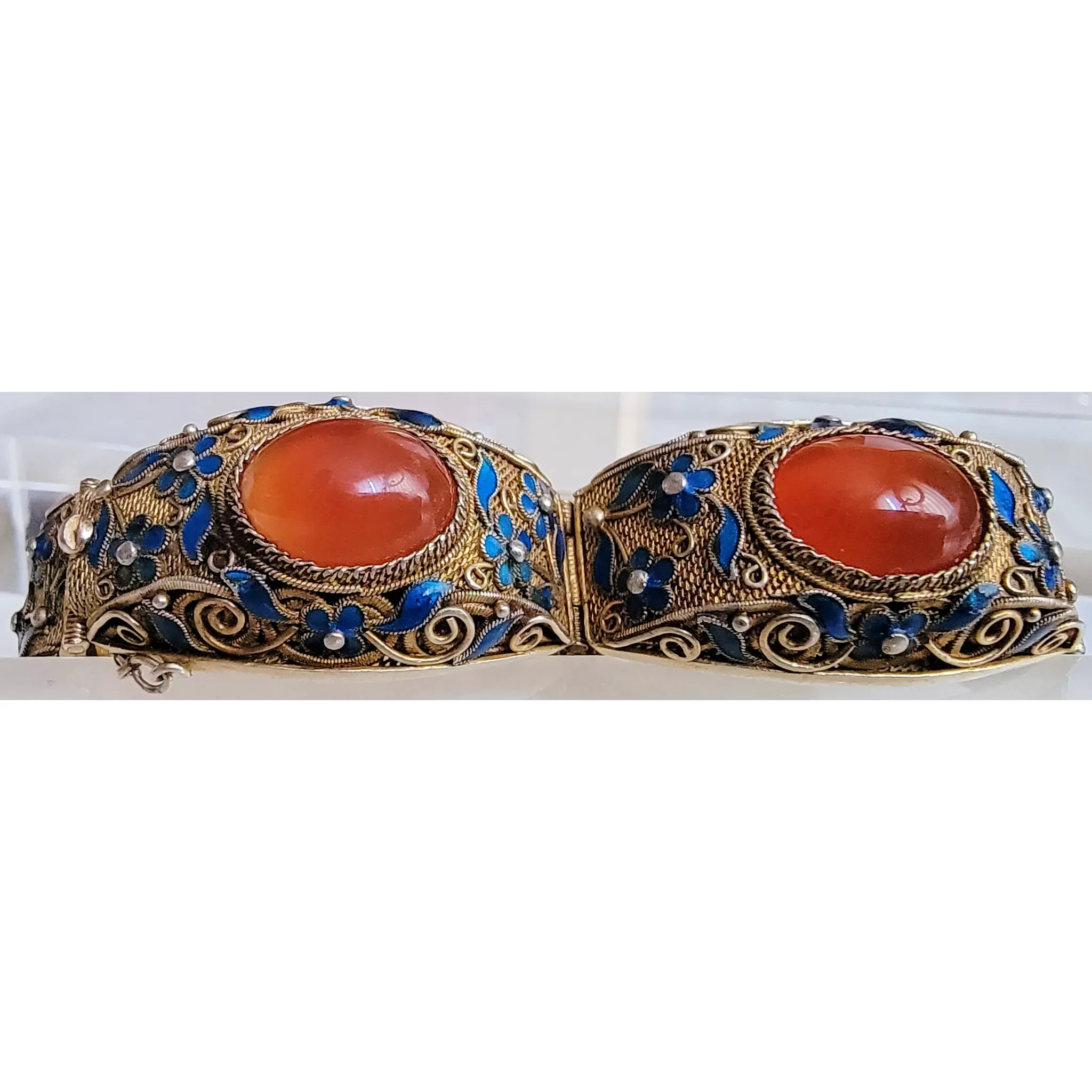 Vintage Enameled Chinese Export Sterling Silver Vermeil Carnelian Bracelet - View 3