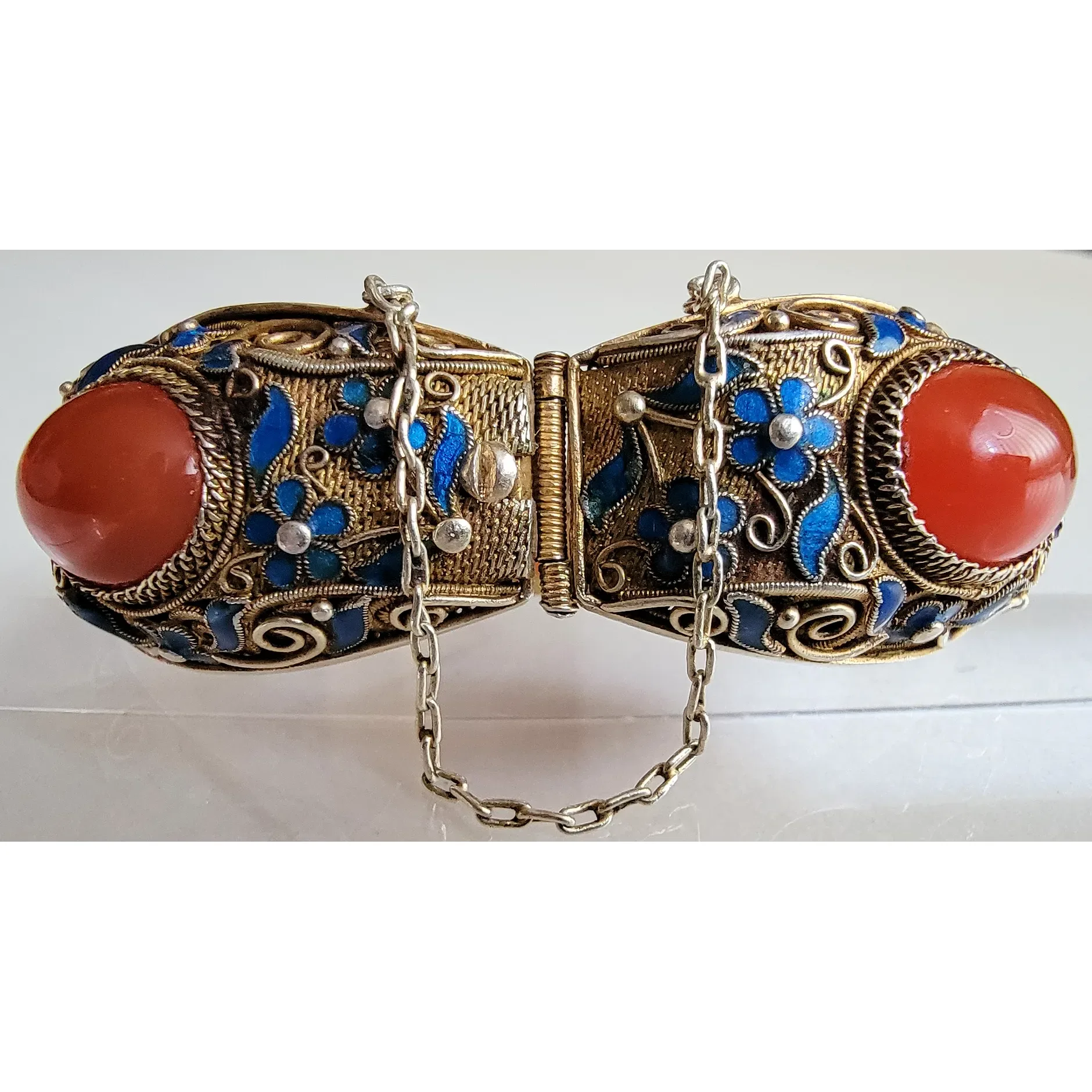 Vintage Enameled Chinese Export Sterling Silver Vermeil Carnelian Bracelet - View 4