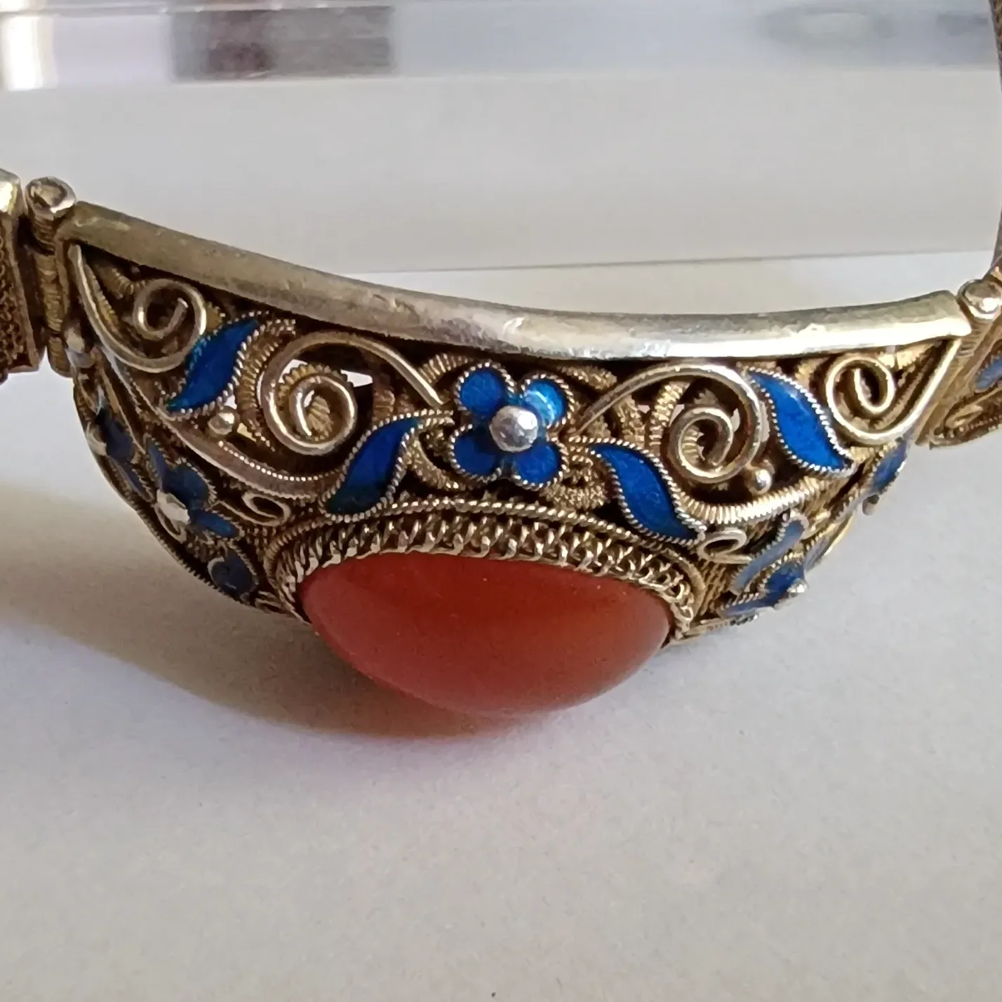 Vintage Enameled Chinese Export Sterling Silver Vermeil Carnelian Bracelet - View 5