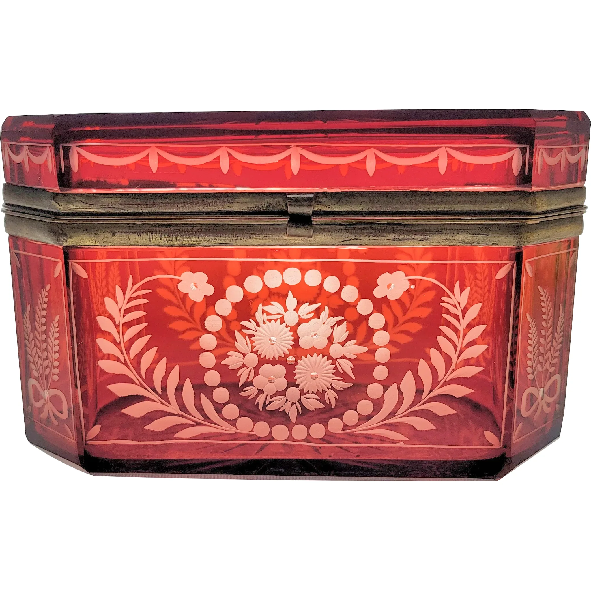 Antique Octagonal Ruby Flashed Etched to Clear Casket Box