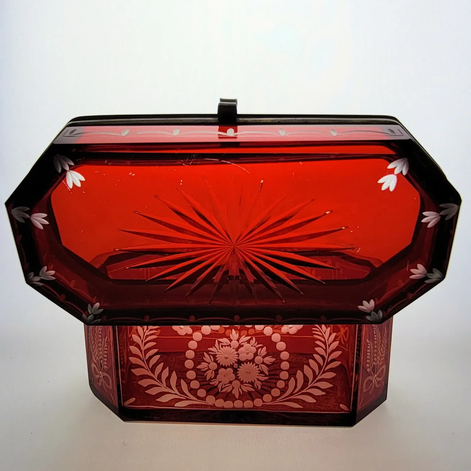 Antique Octagonal Ruby Flashed Etched to Clear Casket Box - View 12