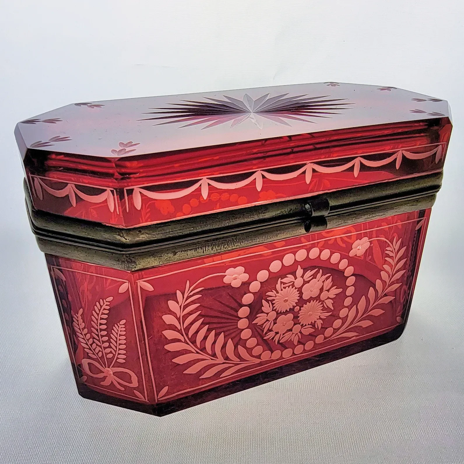 Antique Octagonal Ruby Flashed Etched to Clear Casket Box - View 2