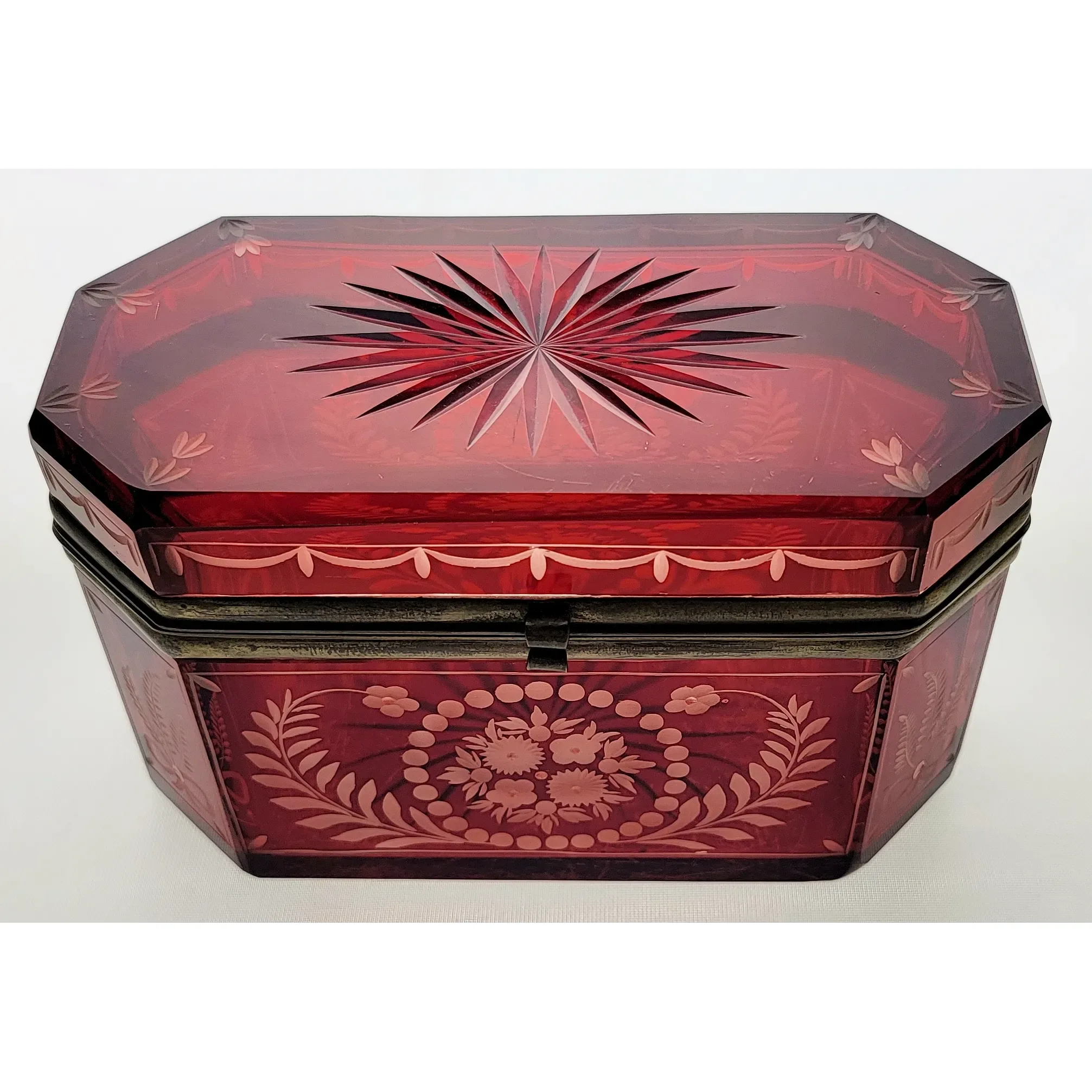 Antique Octagonal Ruby Flashed Etched to Clear Casket Box - View 3