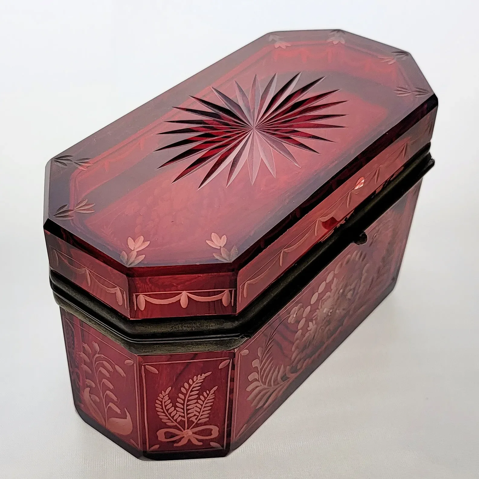 Antique Octagonal Ruby Flashed Etched to Clear Casket Box - View 6