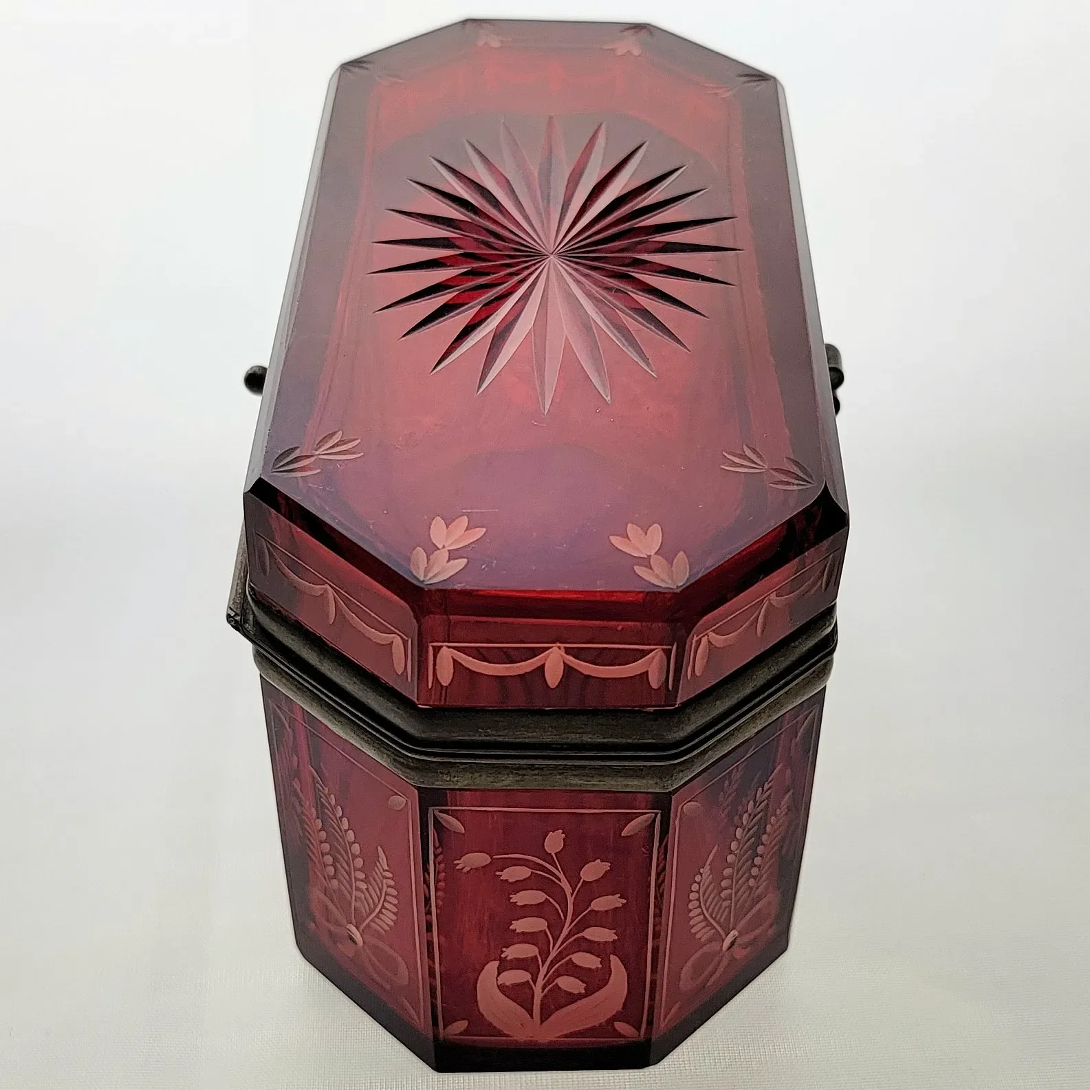 Antique Octagonal Ruby Flashed Etched to Clear Casket Box - View 8
