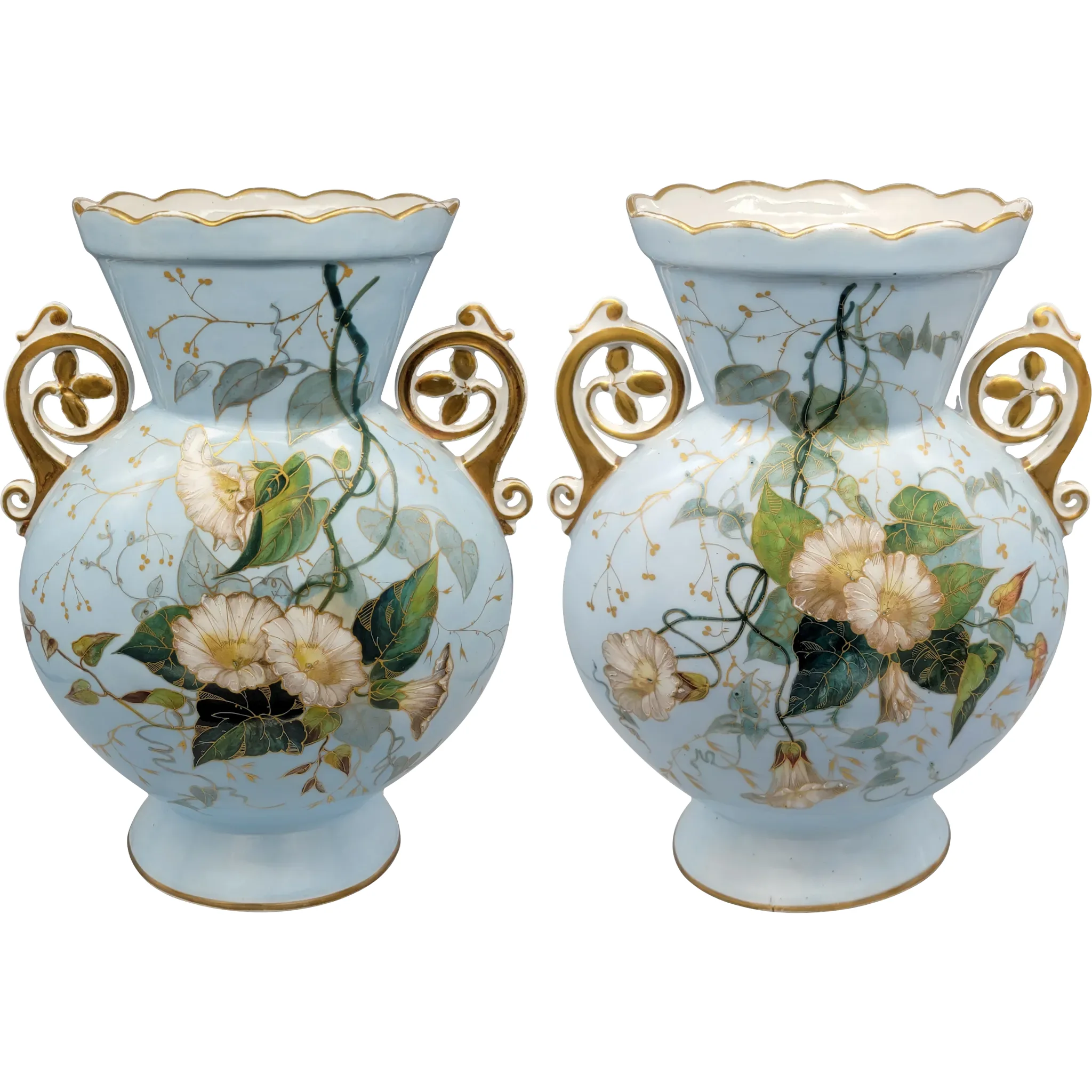 Pair Large Old Paris French Porcelain Vases - Morning Glories