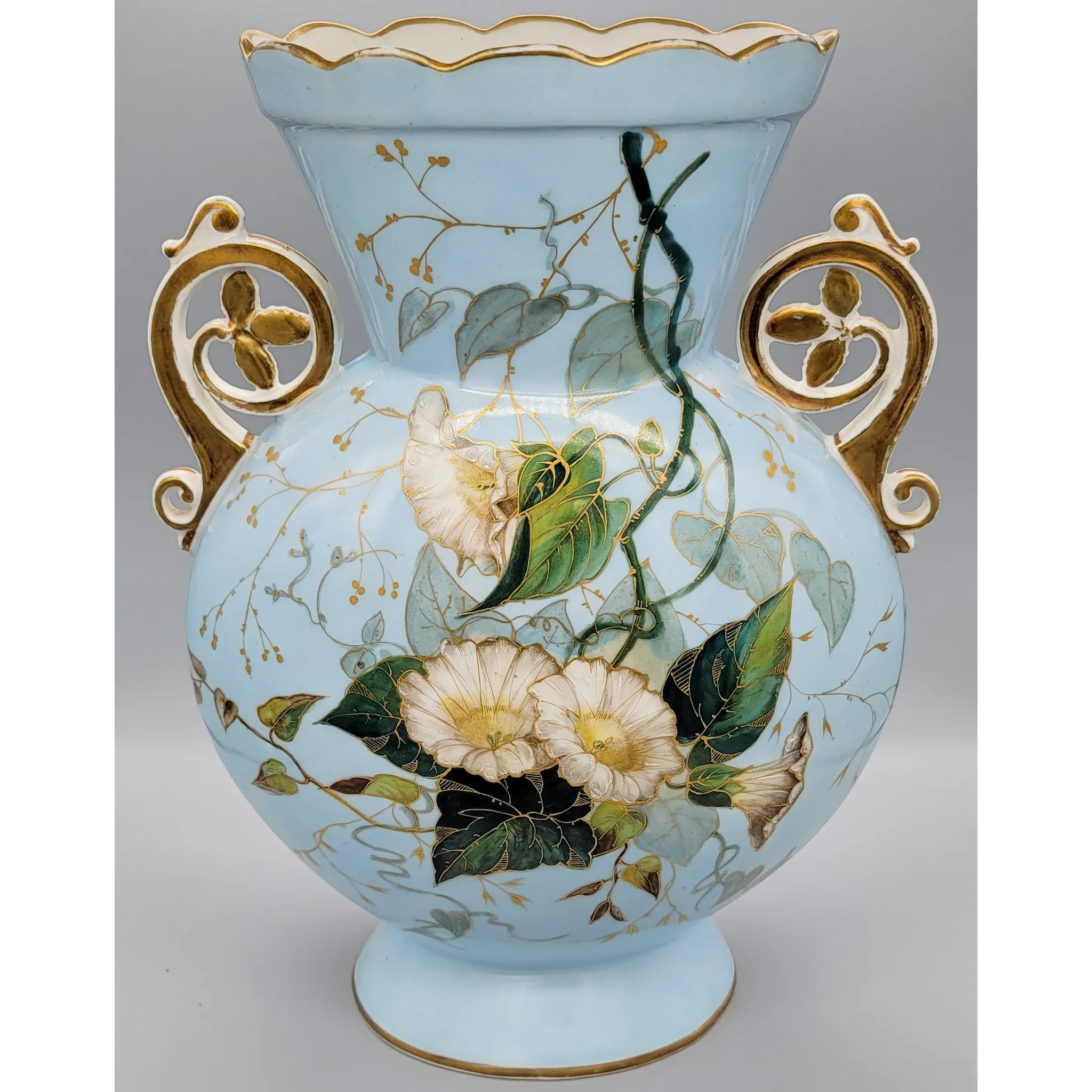 Pair Large Old Paris French Porcelain Vases - Morning Glories - View 2