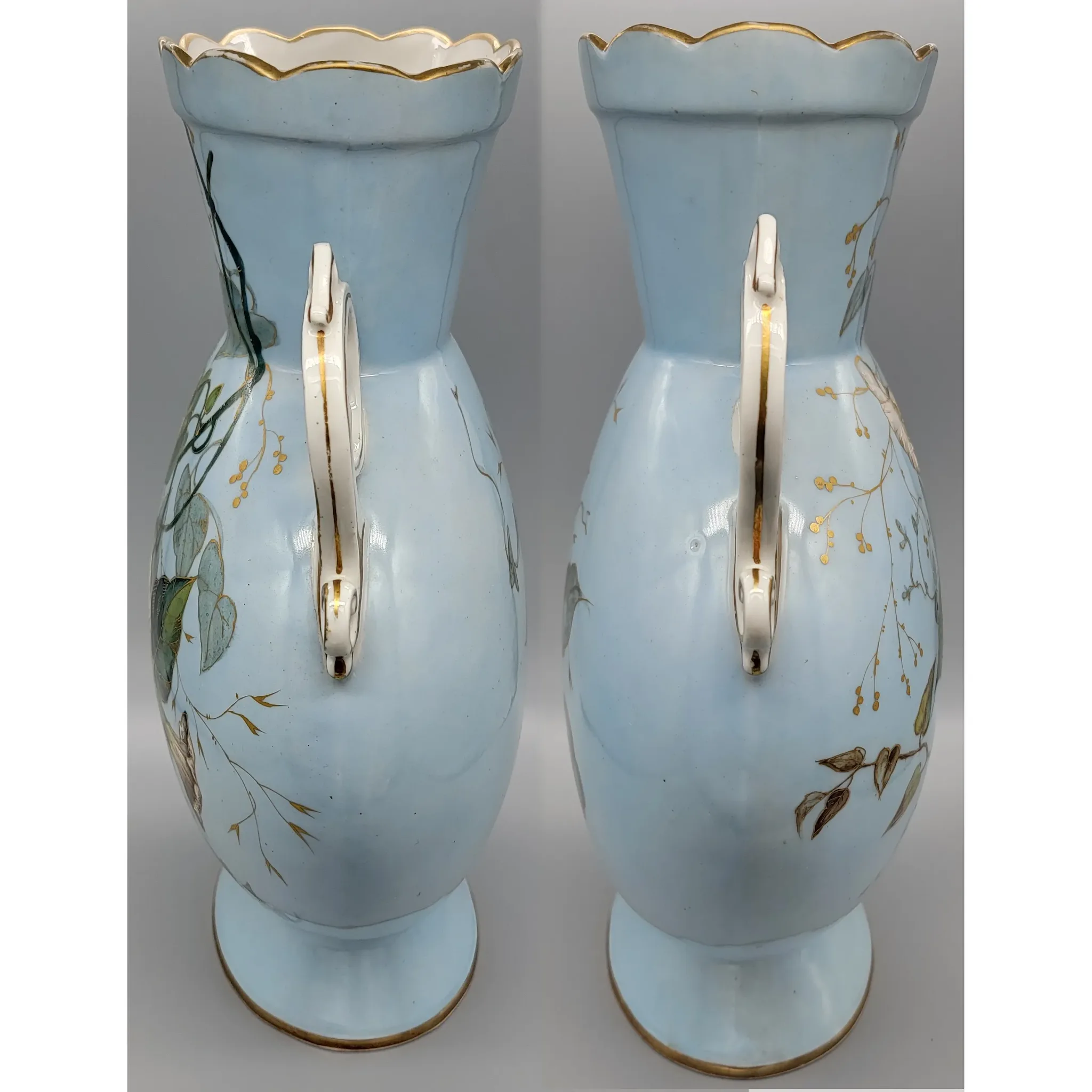 Pair Large Old Paris French Porcelain Vases - Morning Glories - View 4