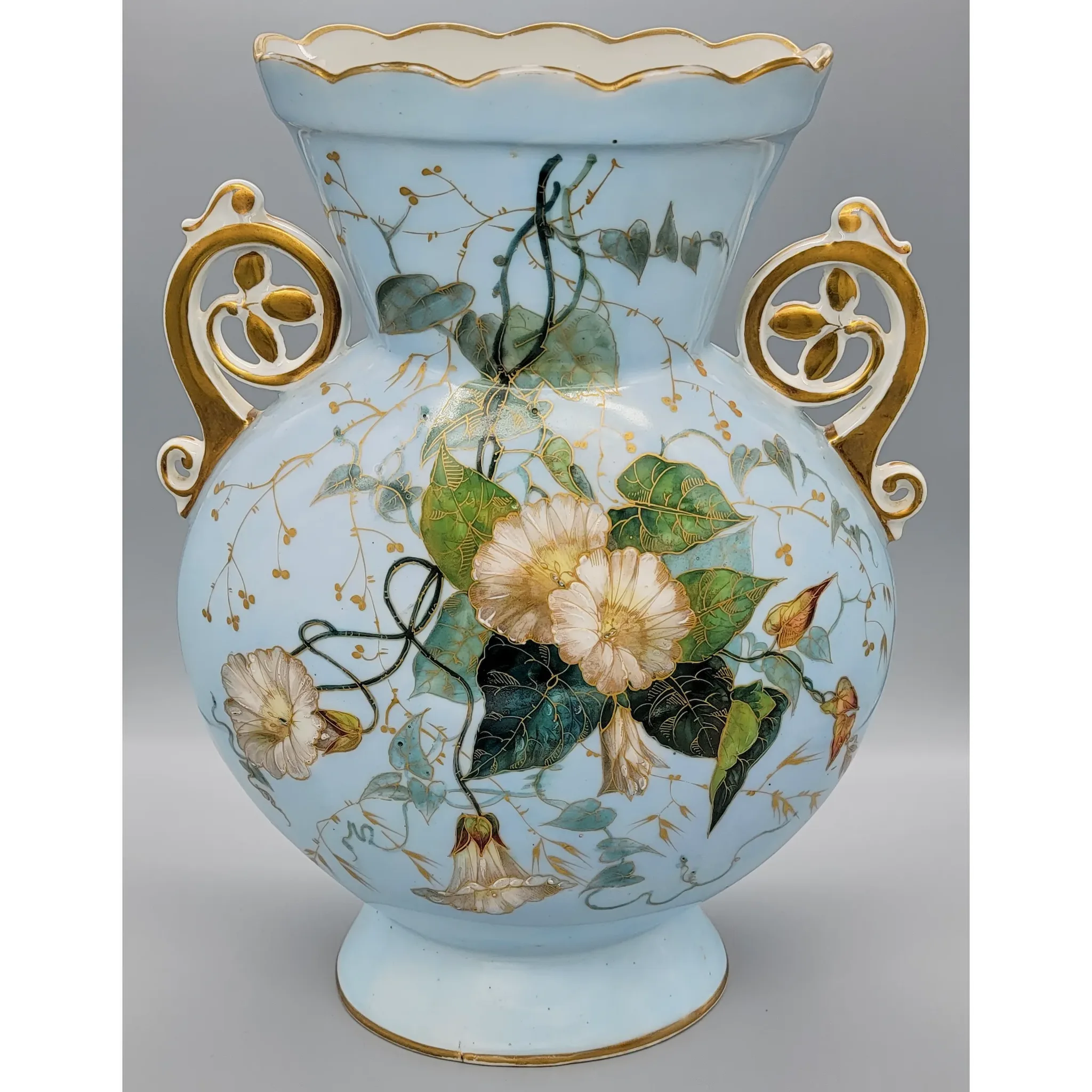 Pair Large Old Paris French Porcelain Vases - Morning Glories - View 8