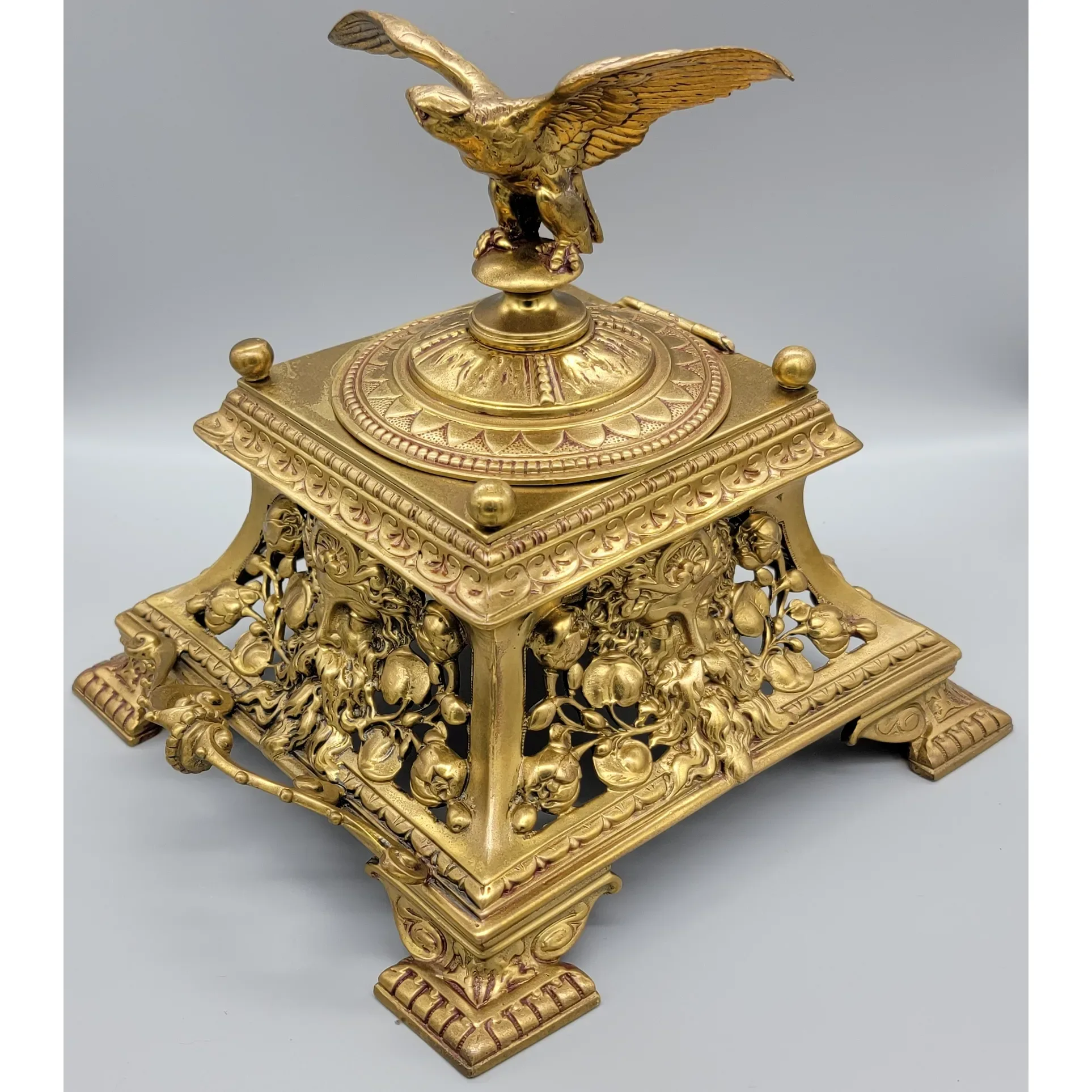 Antique Bronze Napoleon III Inkwell Eagle Finial on Lid - View 2