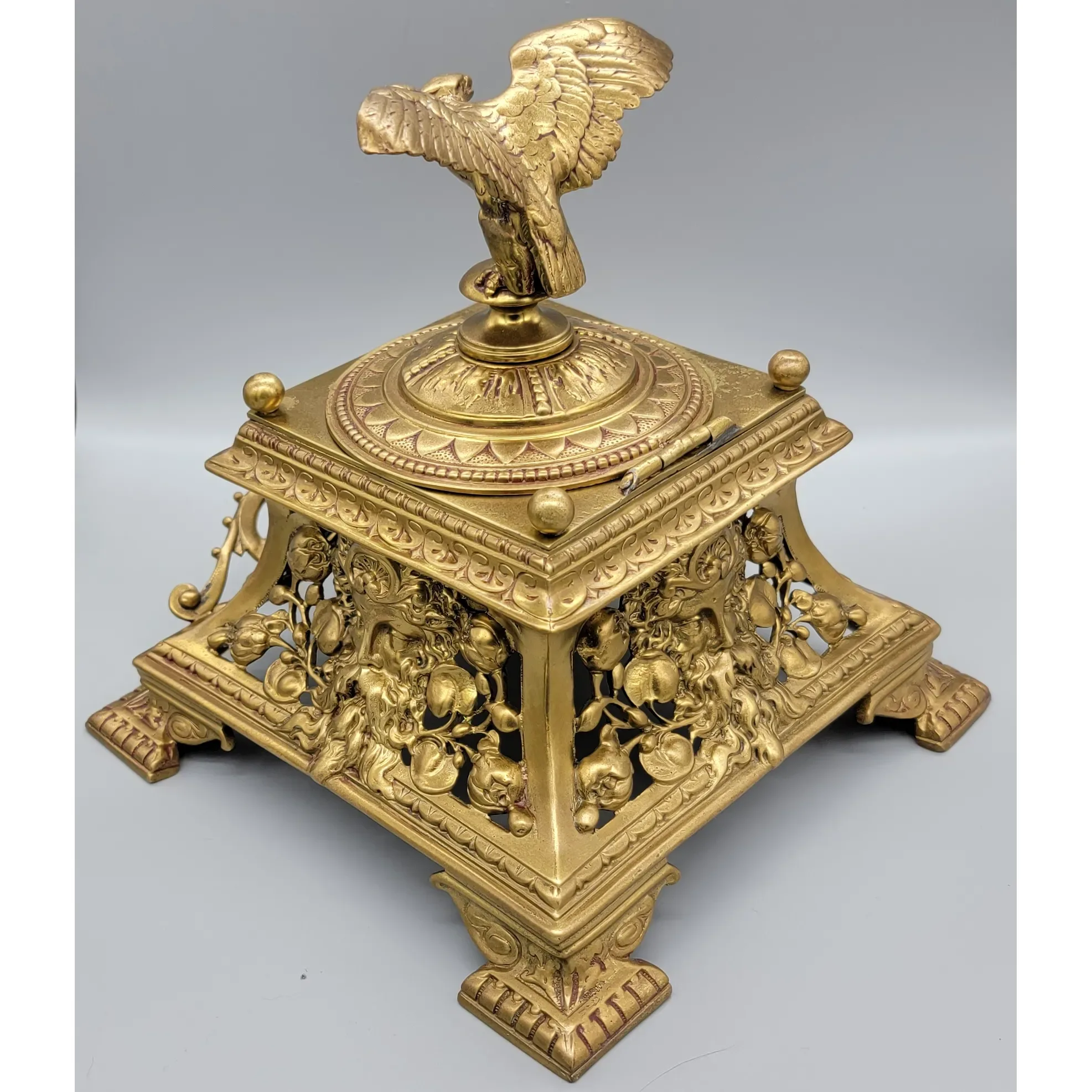 Antique Bronze Napoleon III Inkwell Eagle Finial on Lid - View 5