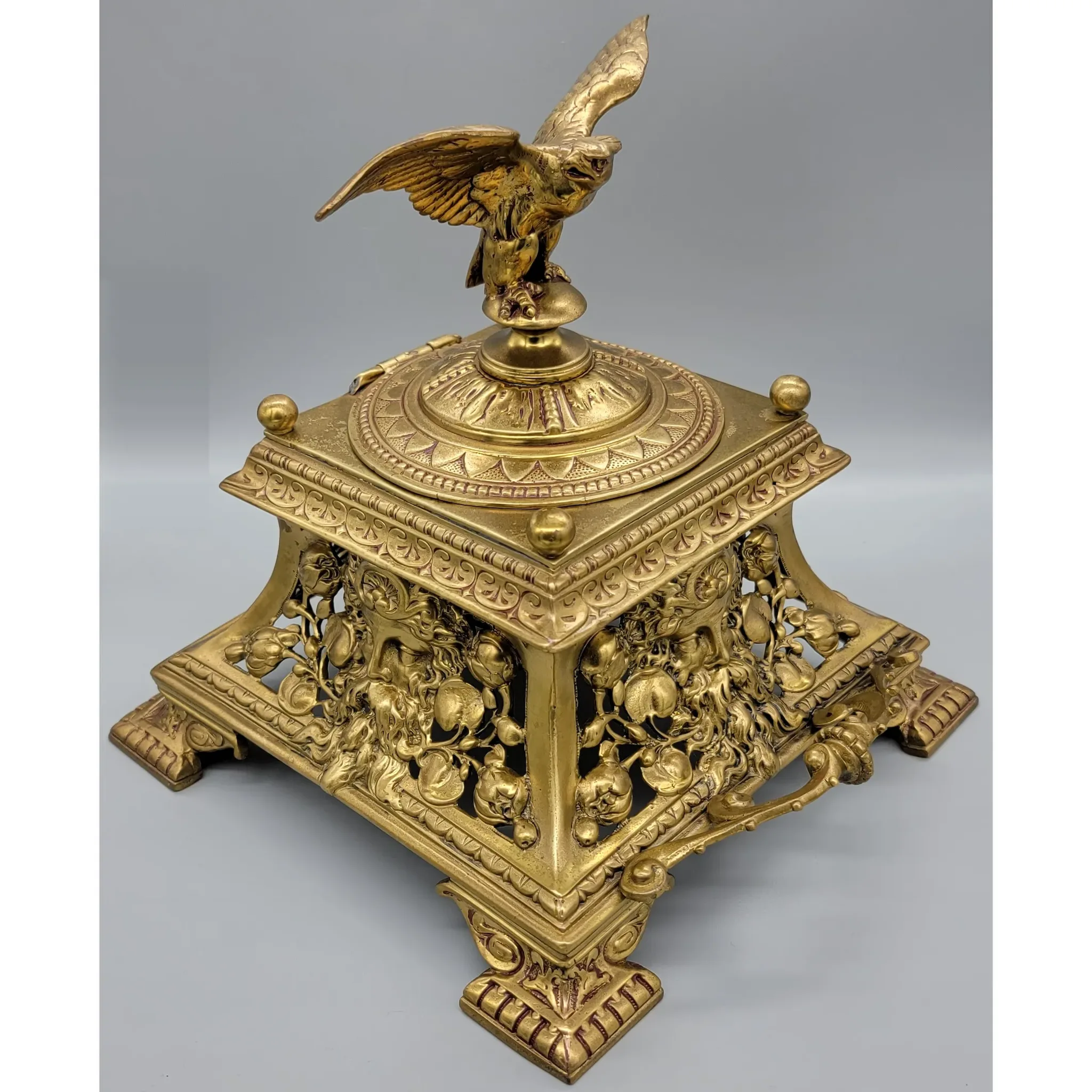 Antique Bronze Napoleon III Inkwell Eagle Finial on Lid - View 9