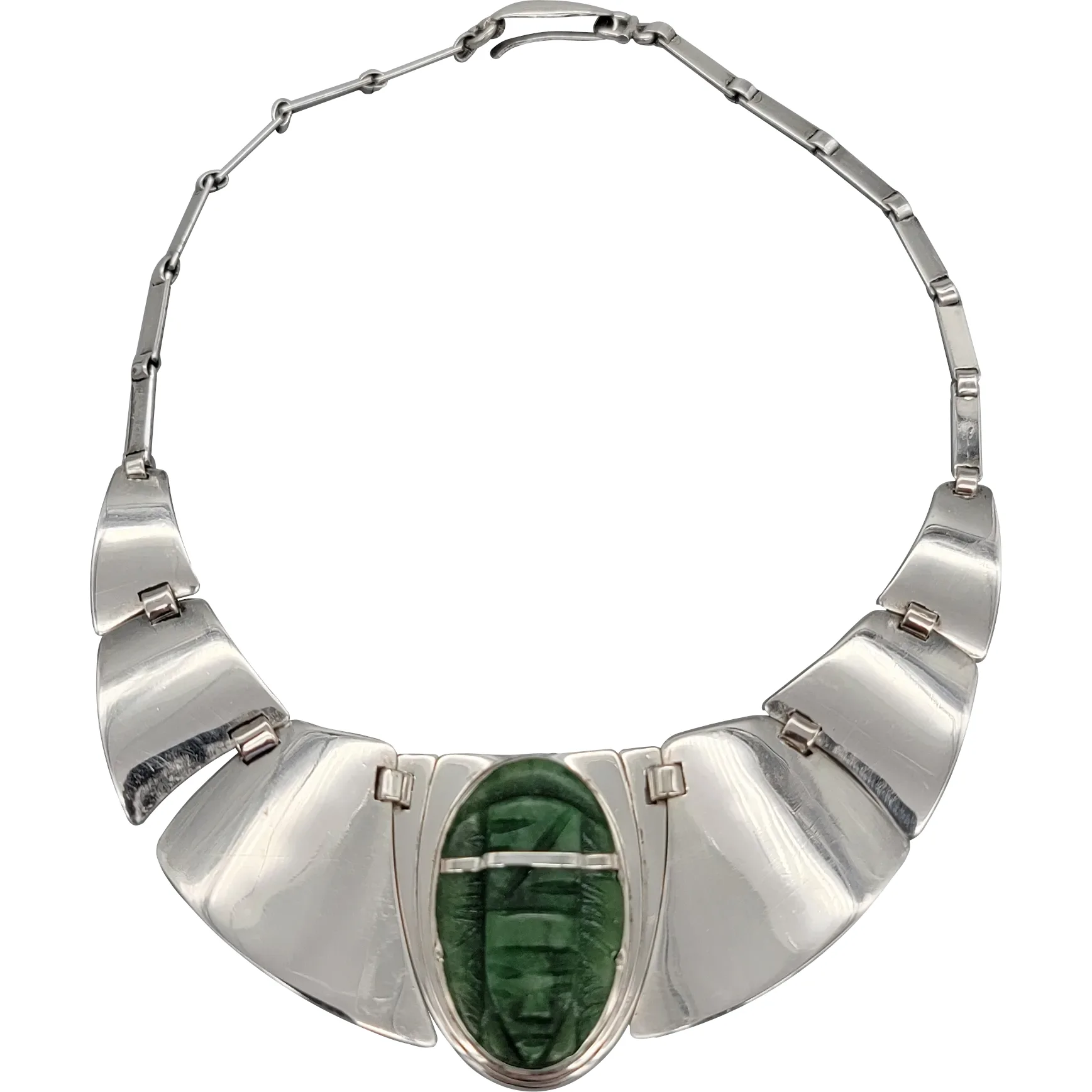 Mexican Silver Fred Davis Green Hardstone Shield/Mask Necklace