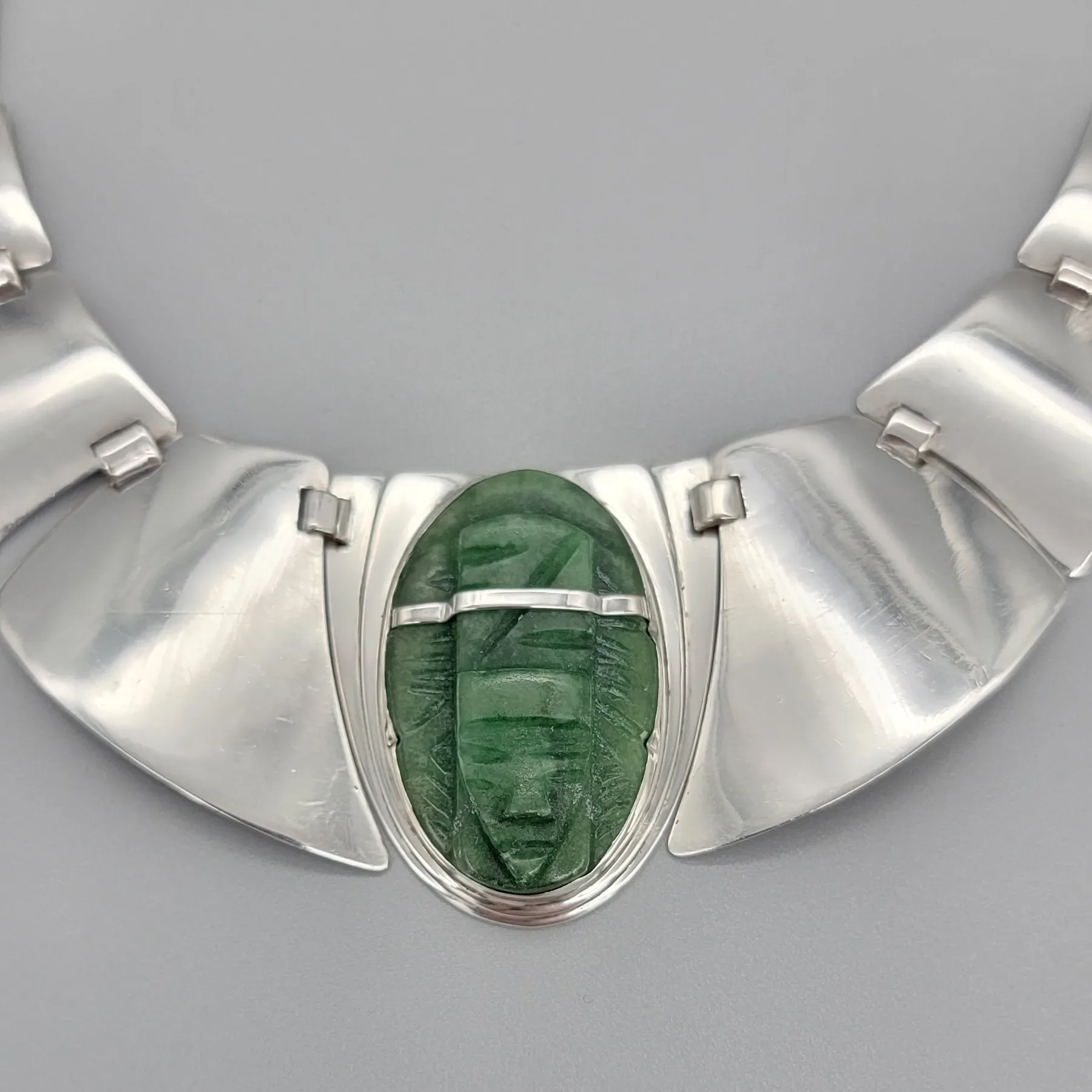 Mexican Silver Fred Davis Green Hardstone Shield/Mask Necklace - View 2