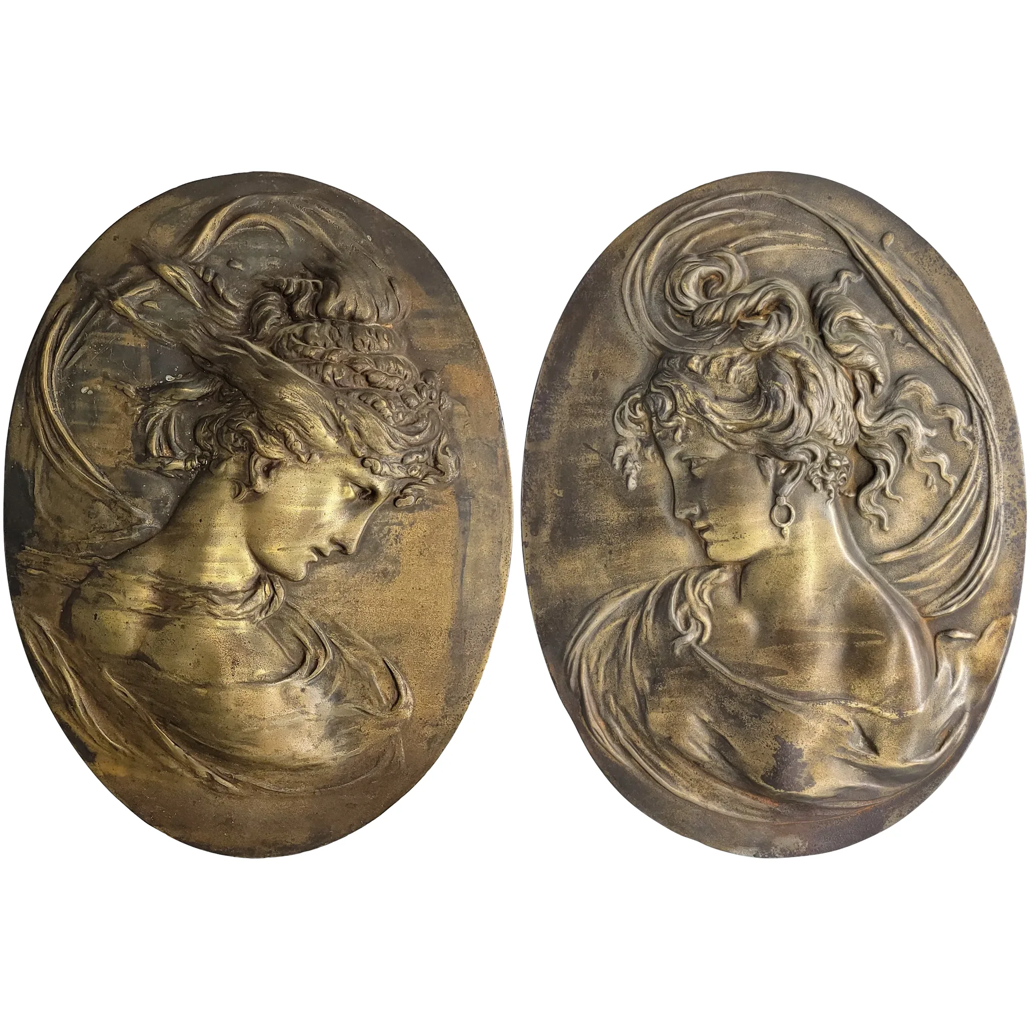Pair Antique Brass Plated Iron Art Nouveau Wall Plaques - Large