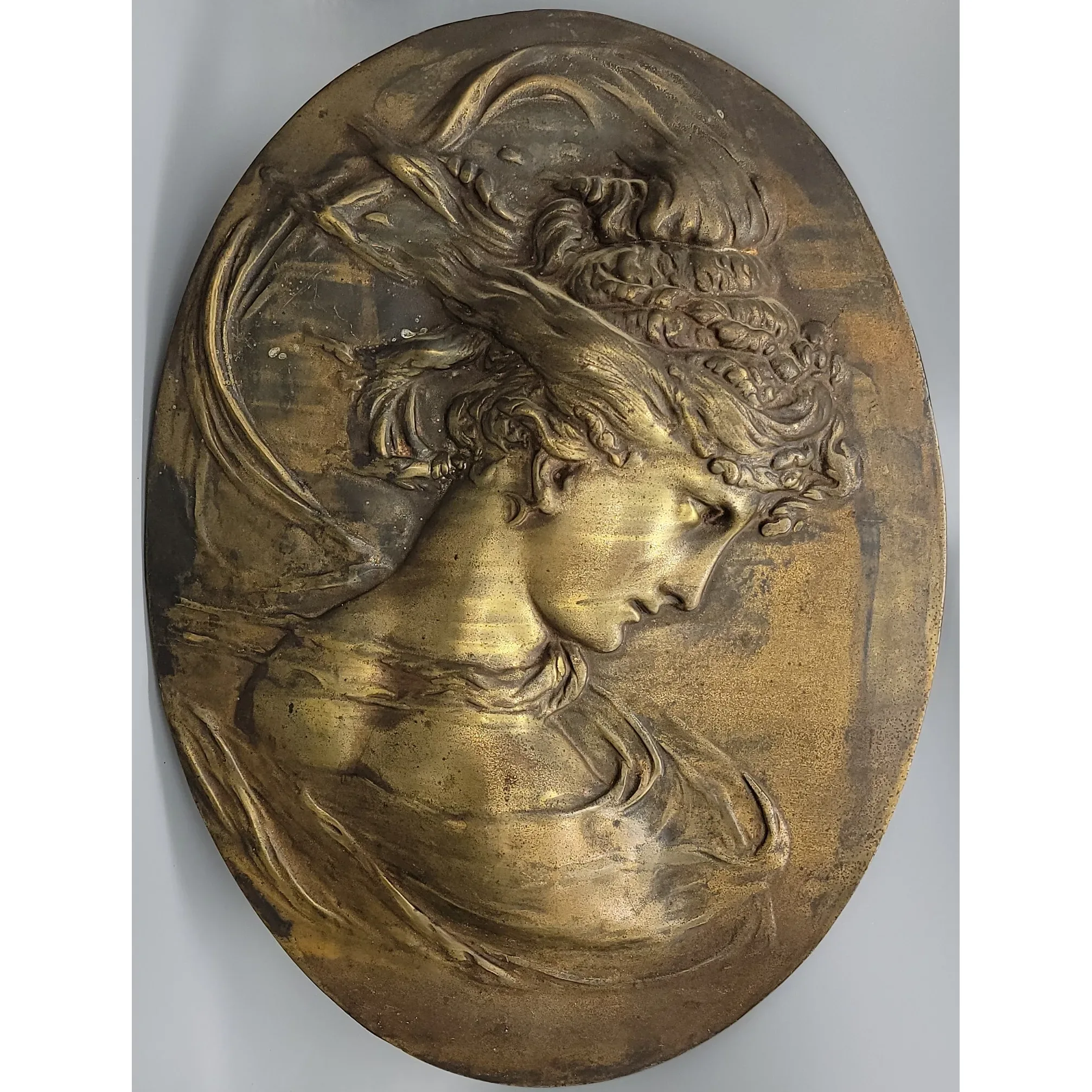 Pair Antique Brass Plated Iron Art Nouveau Wall Plaques - Large - View 2