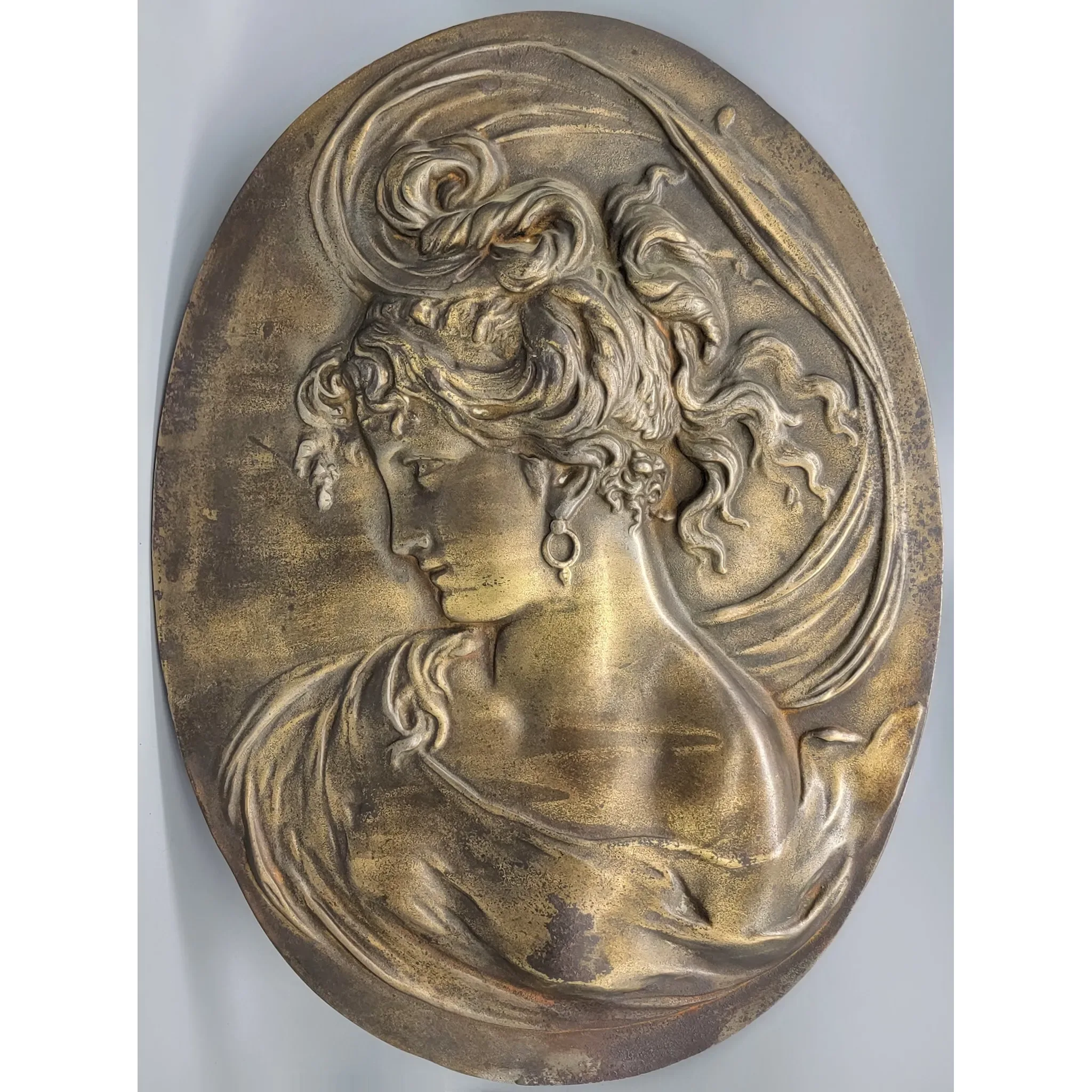 Pair Antique Brass Plated Iron Art Nouveau Wall Plaques - Large - View 3