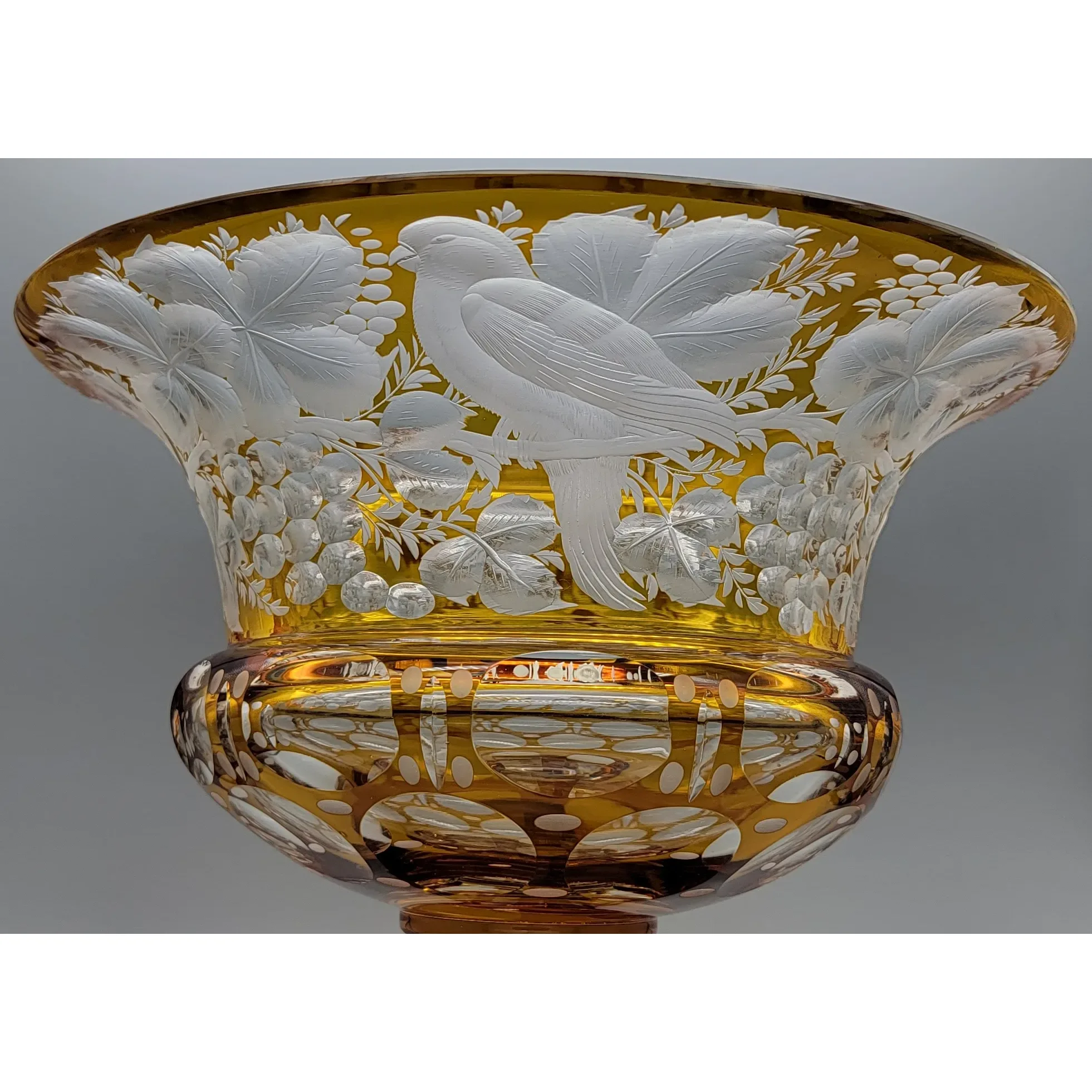 Vintage Bohemian Amber to Clear Intaglio Cut Birds, Vines, Grapes and Leaves - View 2