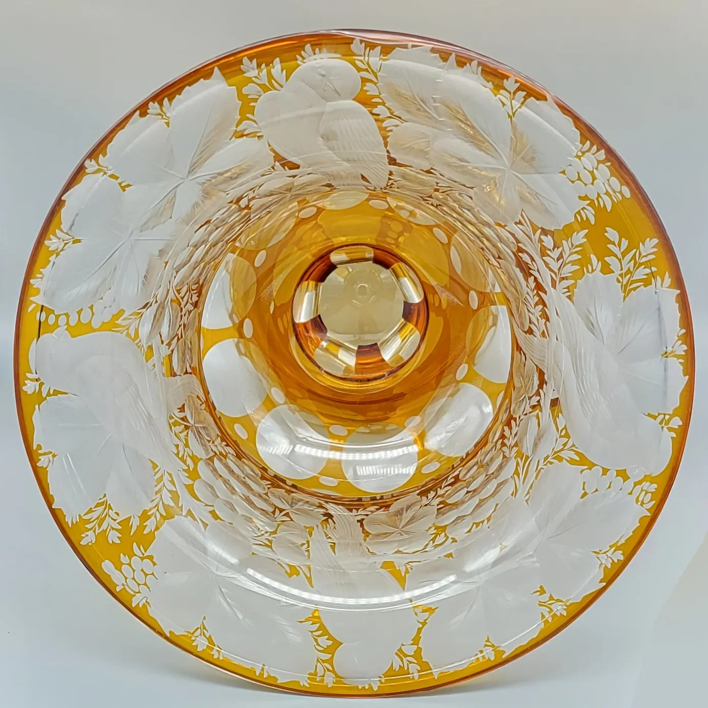 Vintage Bohemian Amber to Clear Intaglio Cut Birds, Vines, Grapes and Leaves - View 4
