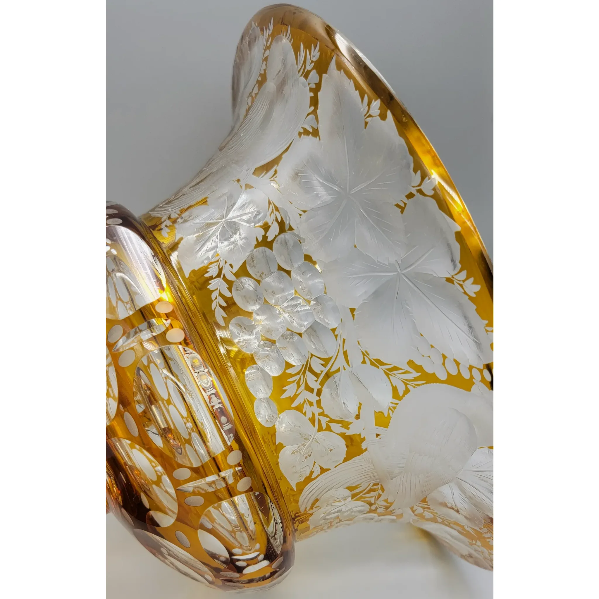 Vintage Bohemian Amber to Clear Intaglio Cut Birds, Vines, Grapes and Leaves - View 6