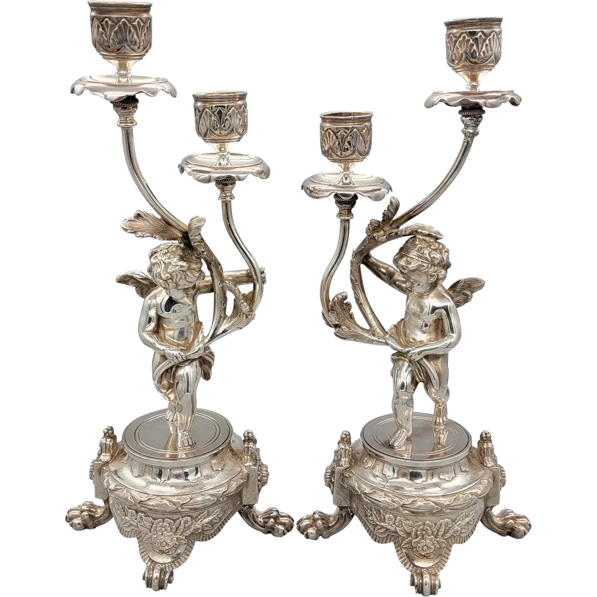 Pair of Antique French Putti / Cherub Candelabra - Silverplate