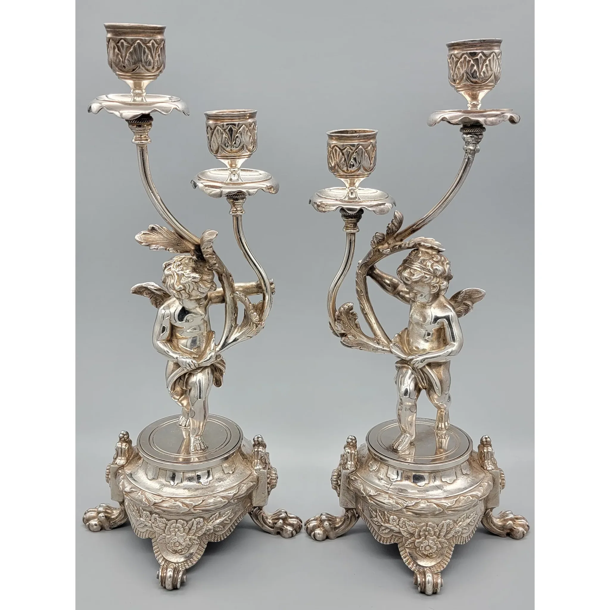 Pair of Antique French Putti / Cherub Candelabra - Silverplate - View 2