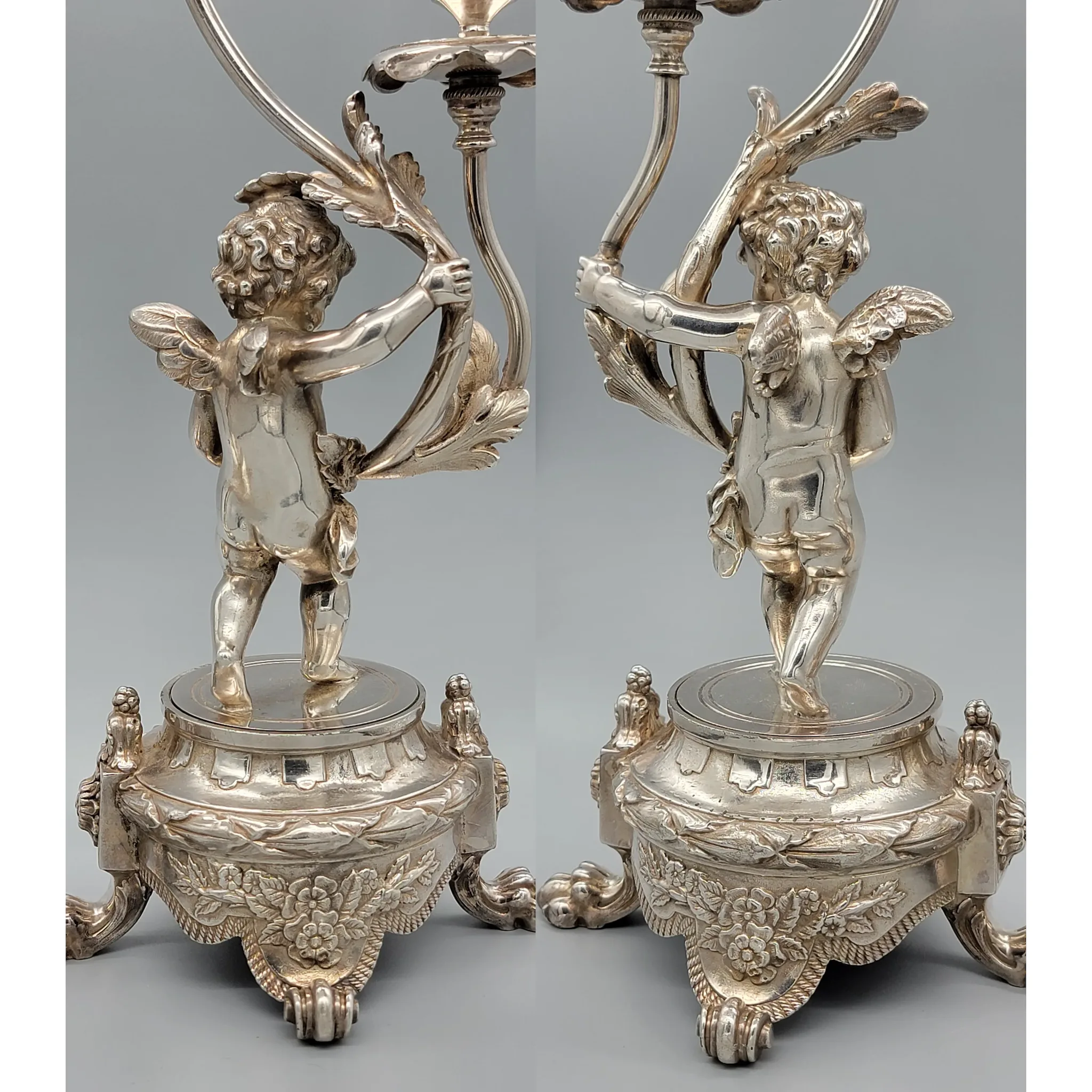 Pair of Antique French Putti / Cherub Candelabra - Silverplate - View 4