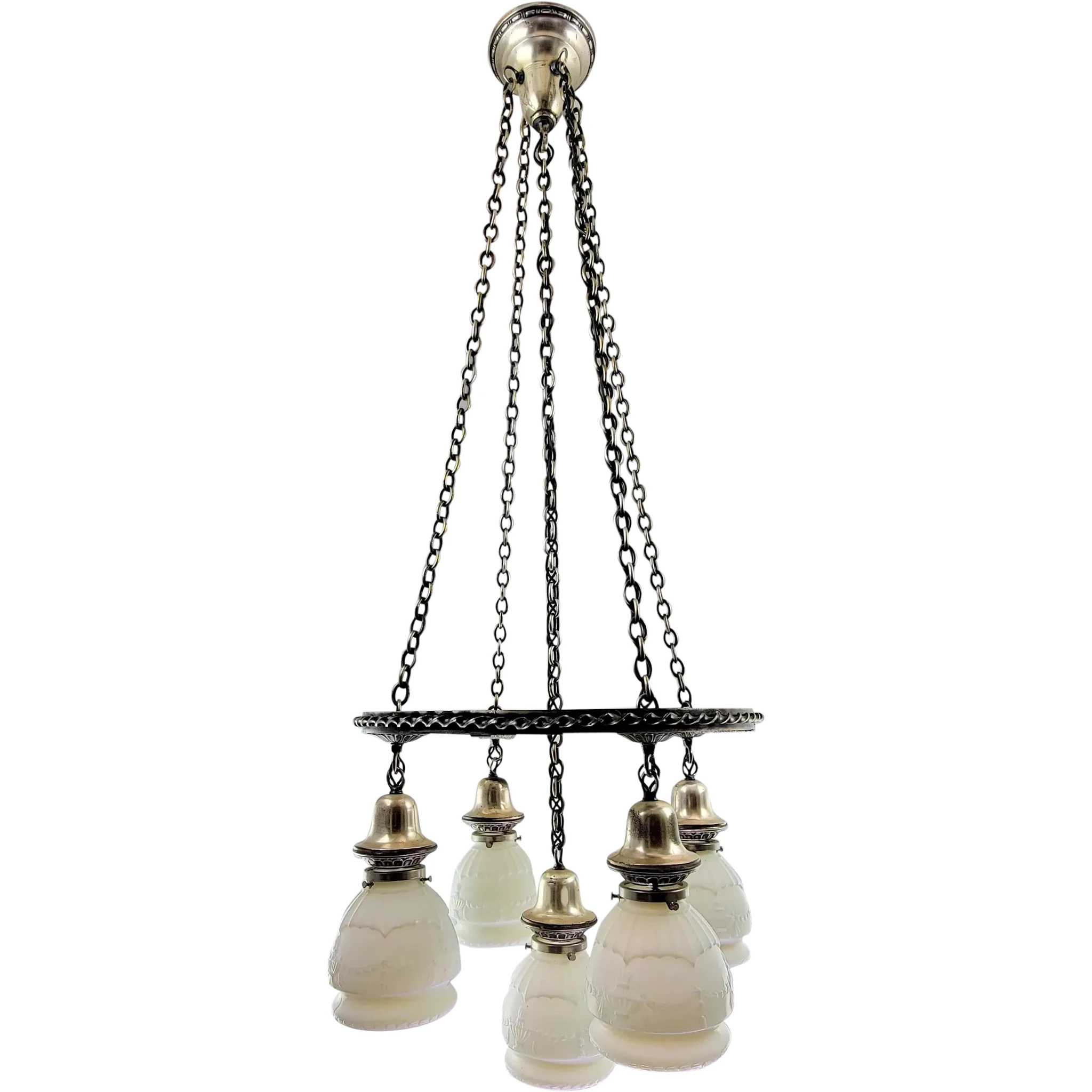 Antique Silverplate Brass 5-Light Chain Shower Fixture