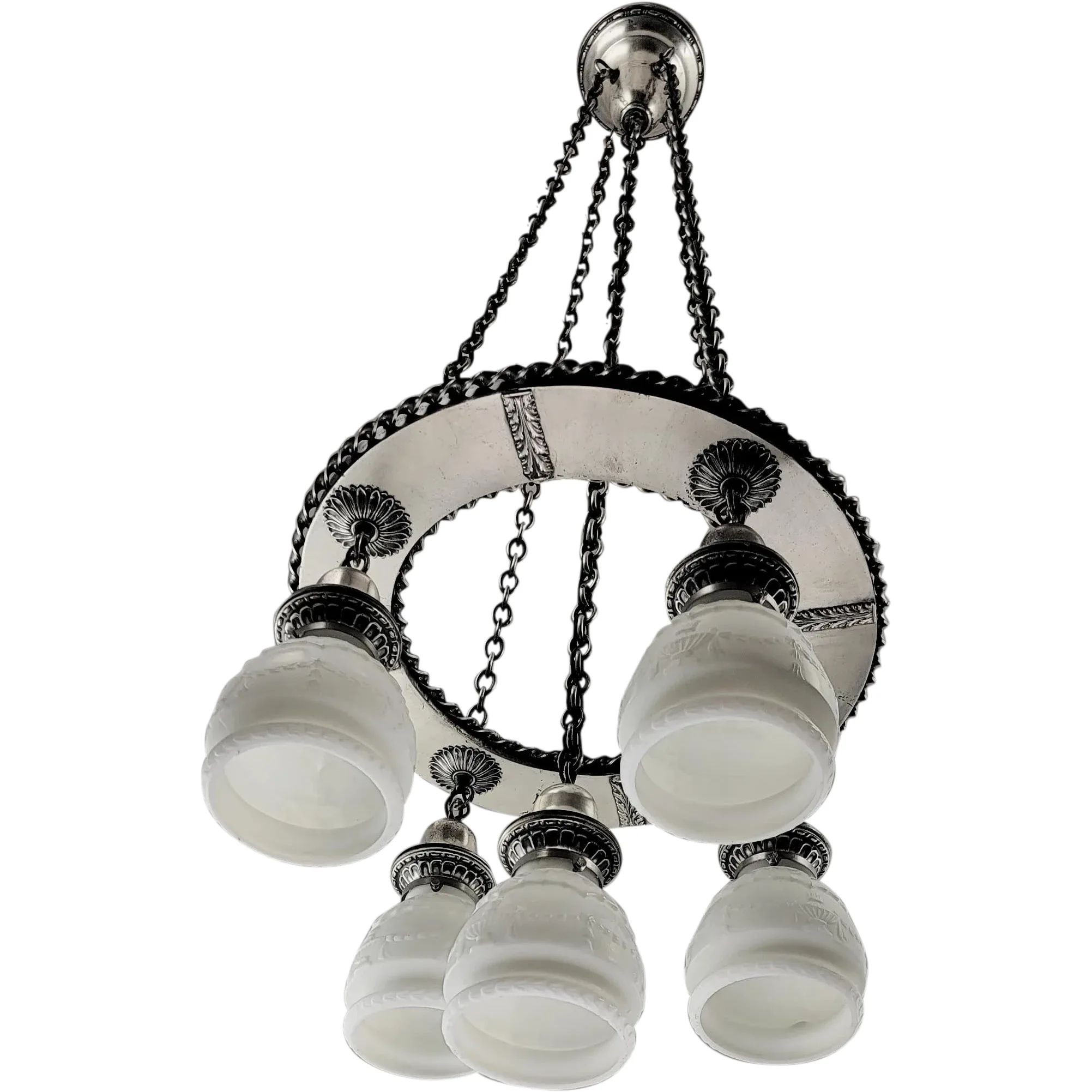 Antique Silverplate Brass 5-Light Chain Shower Fixture - View 3