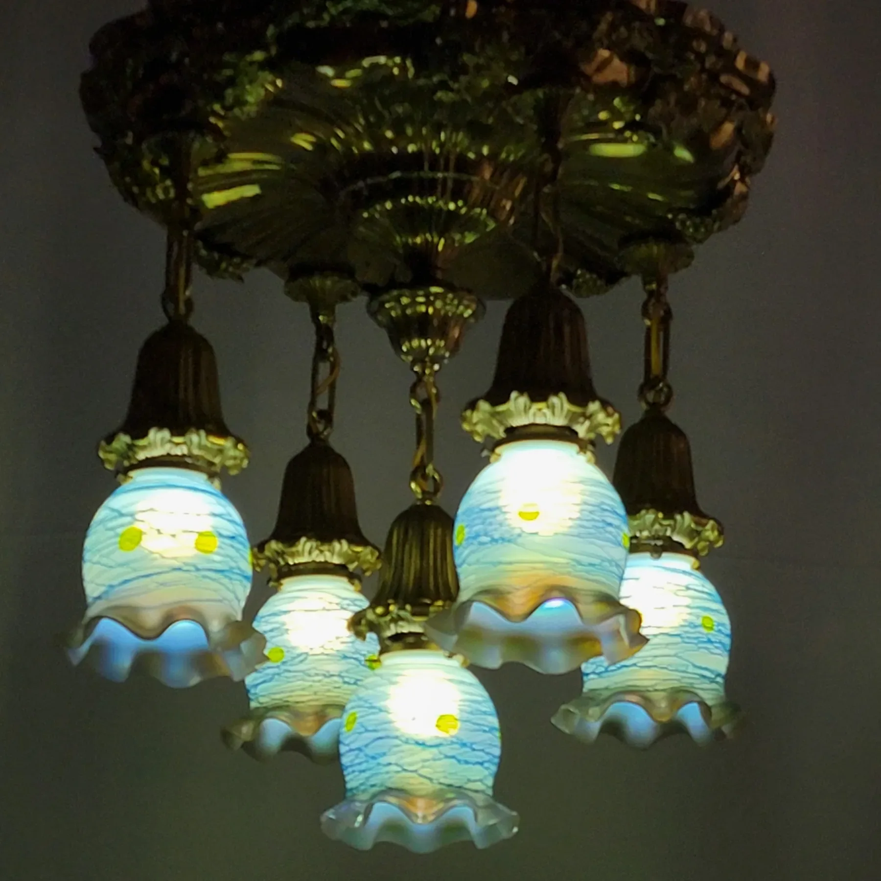 Antique Brass 5 Light Sheffield Shower Fixture - Grape Vines - Czech Shades - View 5