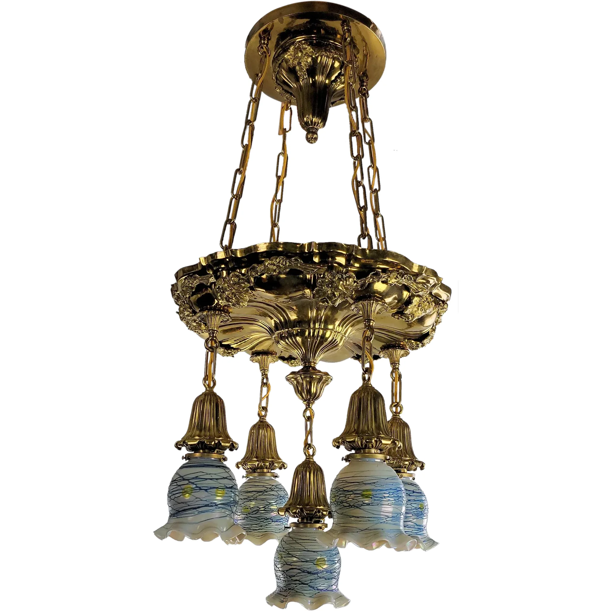 Antique Brass 5 Light Sheffield Shower Fixture - Grape Vines - Czech Shades - View 9