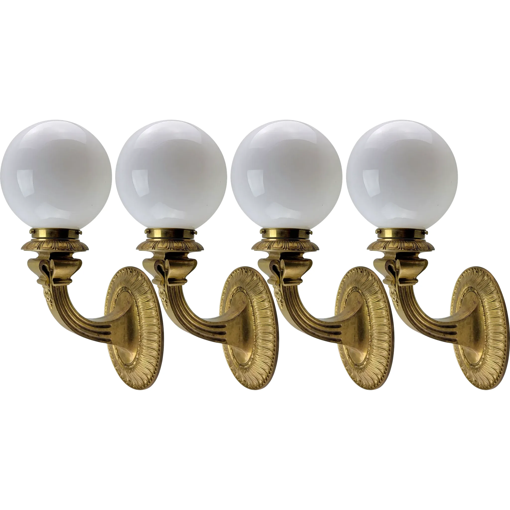 Set of 4 Massive Cast Brass Wall Sconces Opal Glass Ball Shades