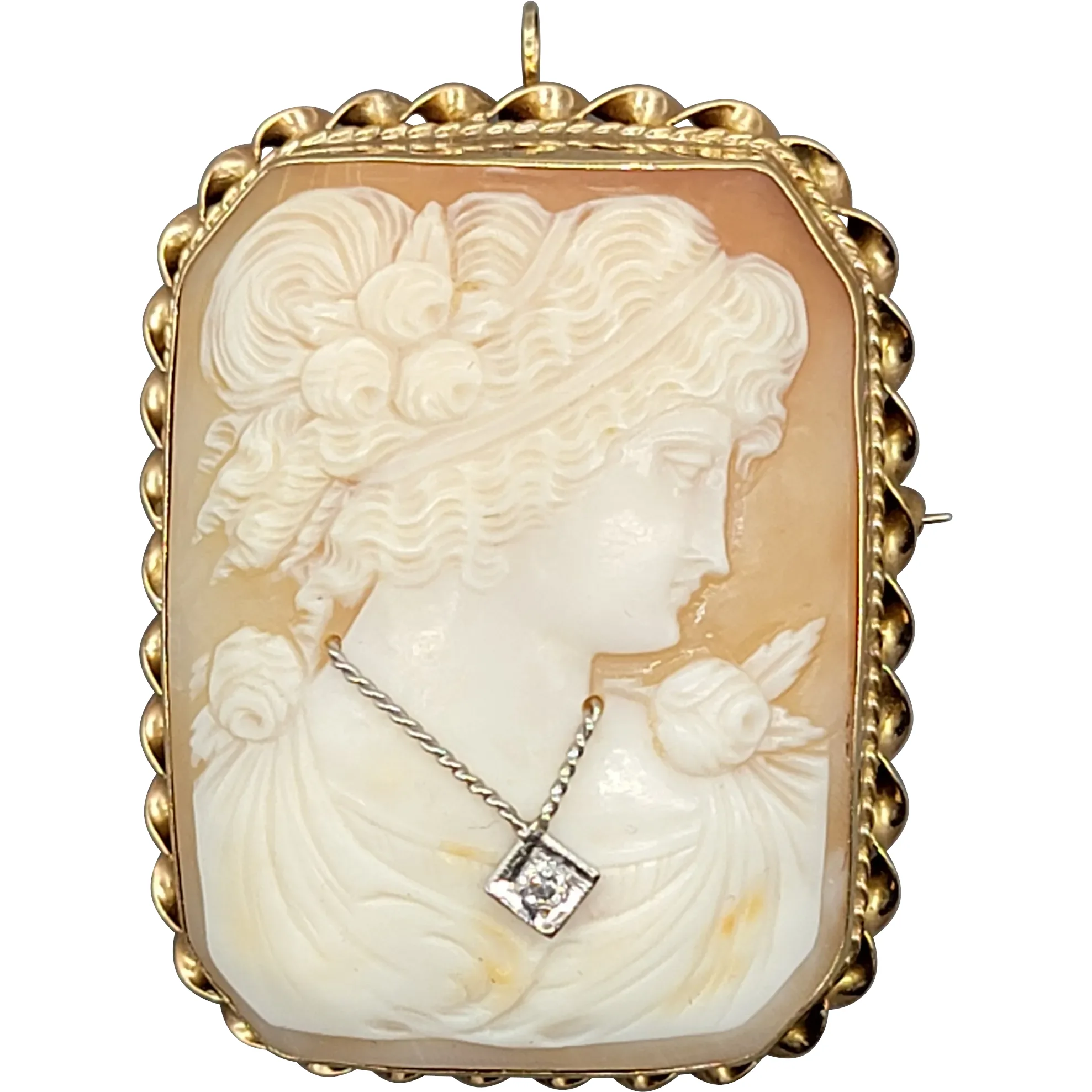 Vintage 14K Gold Carved Shell Diamond Cameo Brooch & Pendant