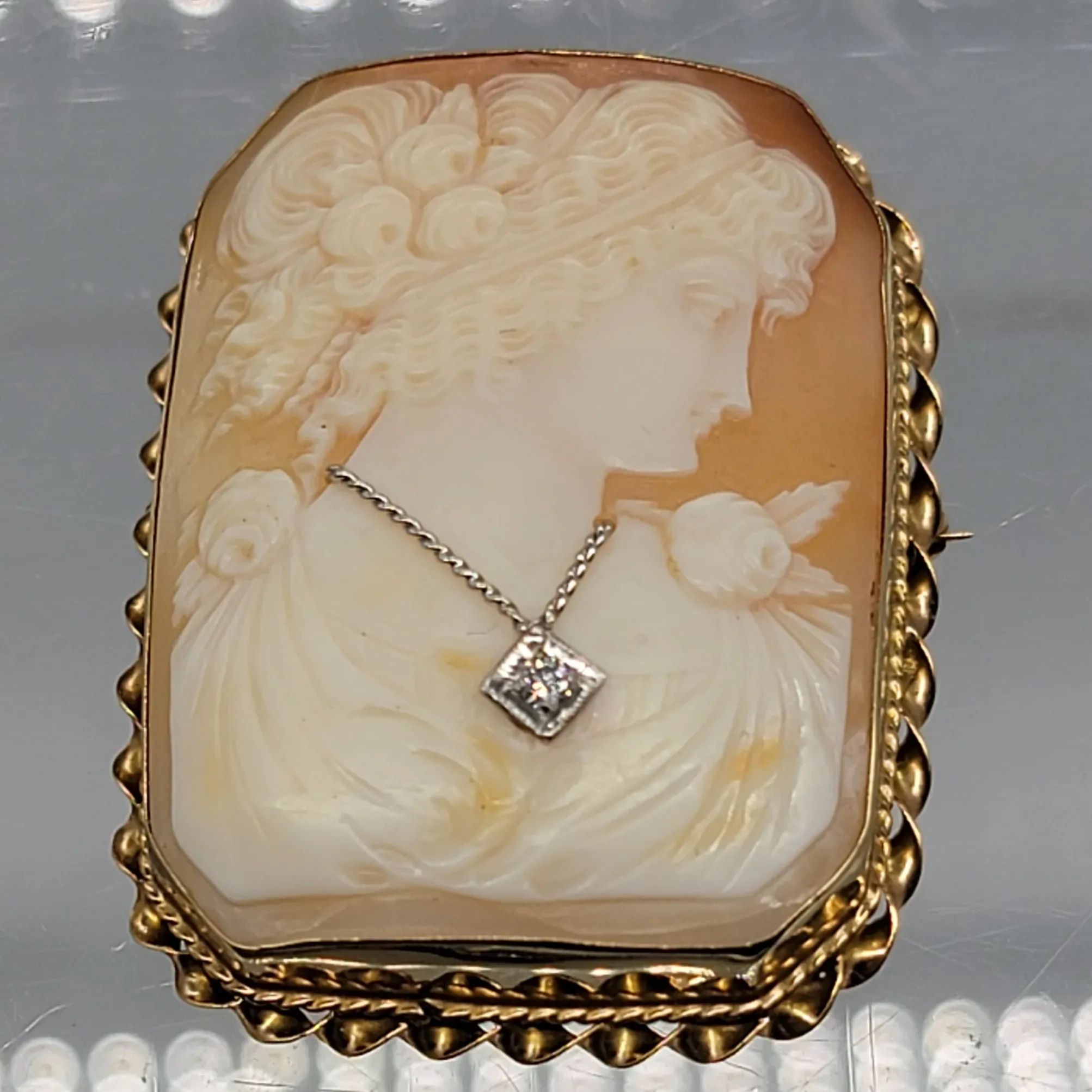 Vintage 14K Gold Carved Shell Diamond Cameo Brooch & Pendant - View 2